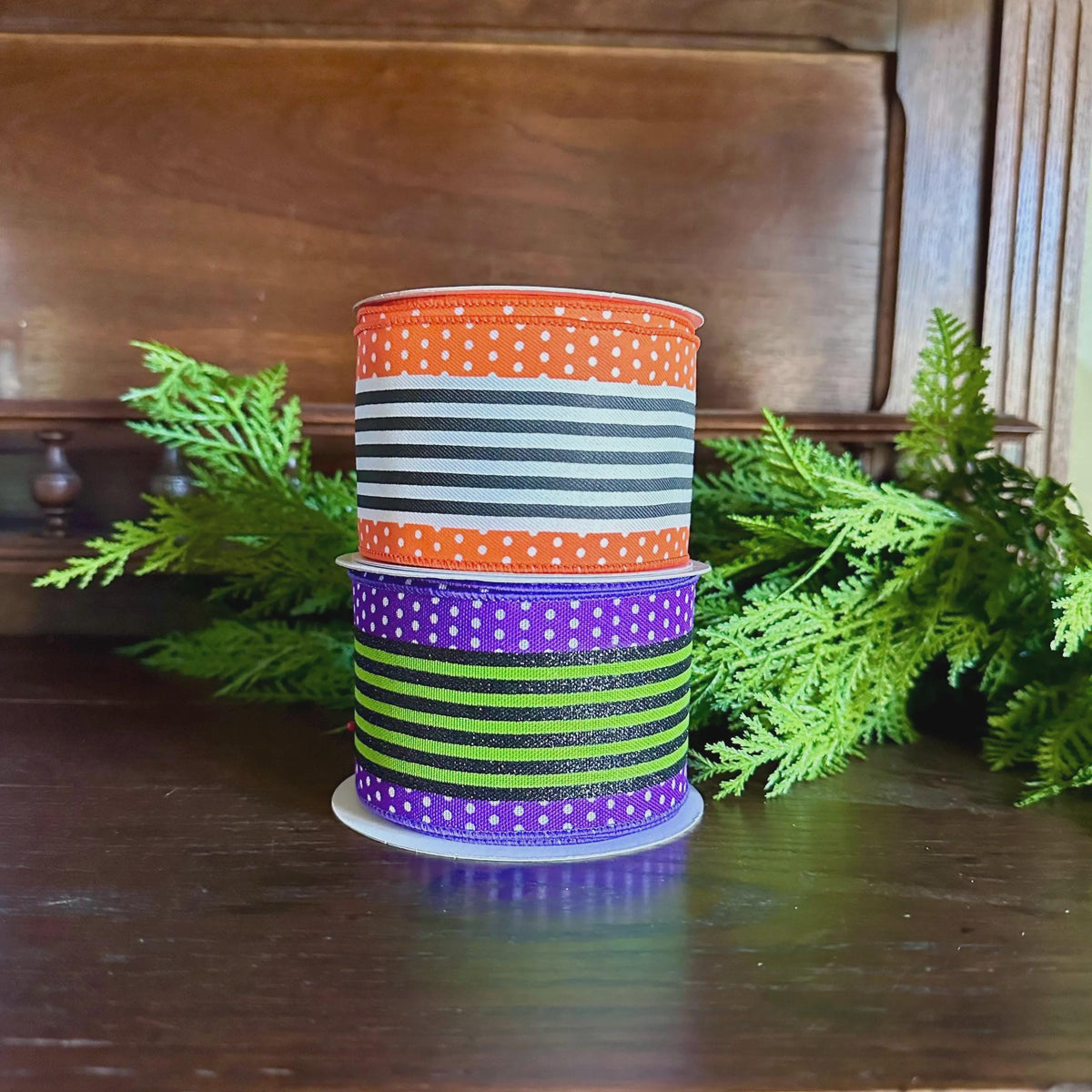 Halloween Ribbon Orange Black Stripe Wired Ribbon | Polka Dot Wreath & Bow Ribbon
