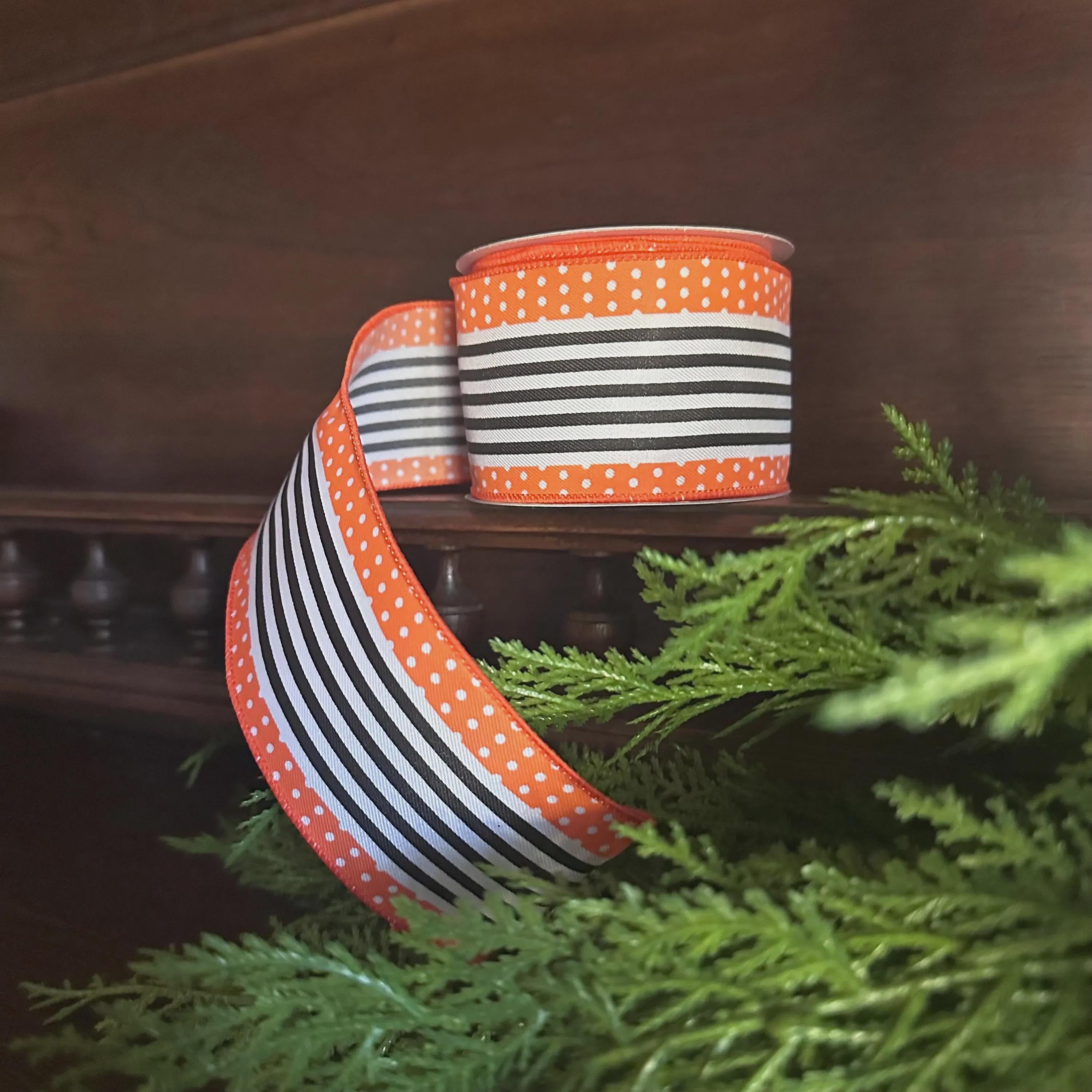 Orange Black Stripe Ribbon Wired Edge Halloween Ribbon Polka Dot Ribbon Wreath Ribbon Bow Making Ribbon 2.5 Inch 10 Yard Roll