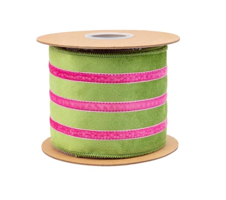 Green Velvet Ribbon with Pink Trim – 4" Wired