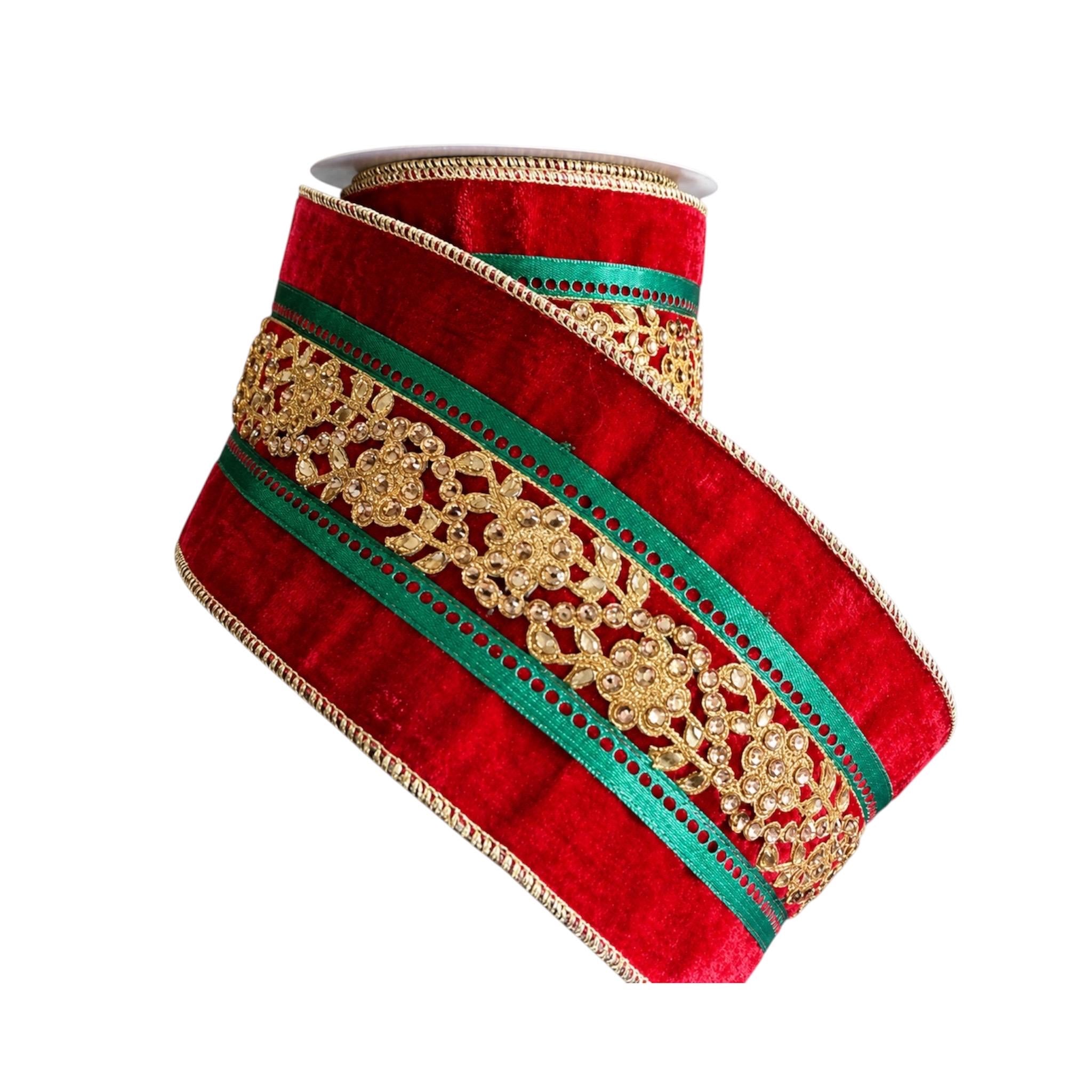 4 Inch Red Green Gold Velvet Christmas Ribbon Wired Ribbon