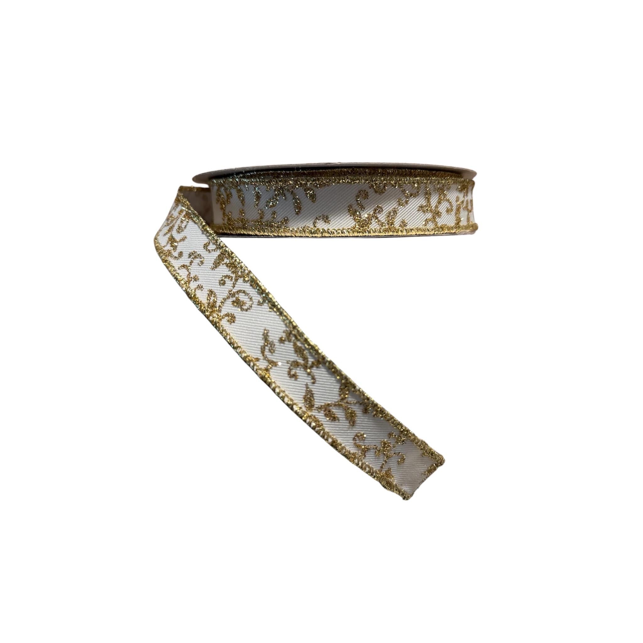 White Gold Glitter Vine Ribbon Wired Edge Christmas Ribbon Holiday Ribbon Wreath Ribbon Bow Making Ribbon Gift Wrap Ribbon 10 Yard Roll