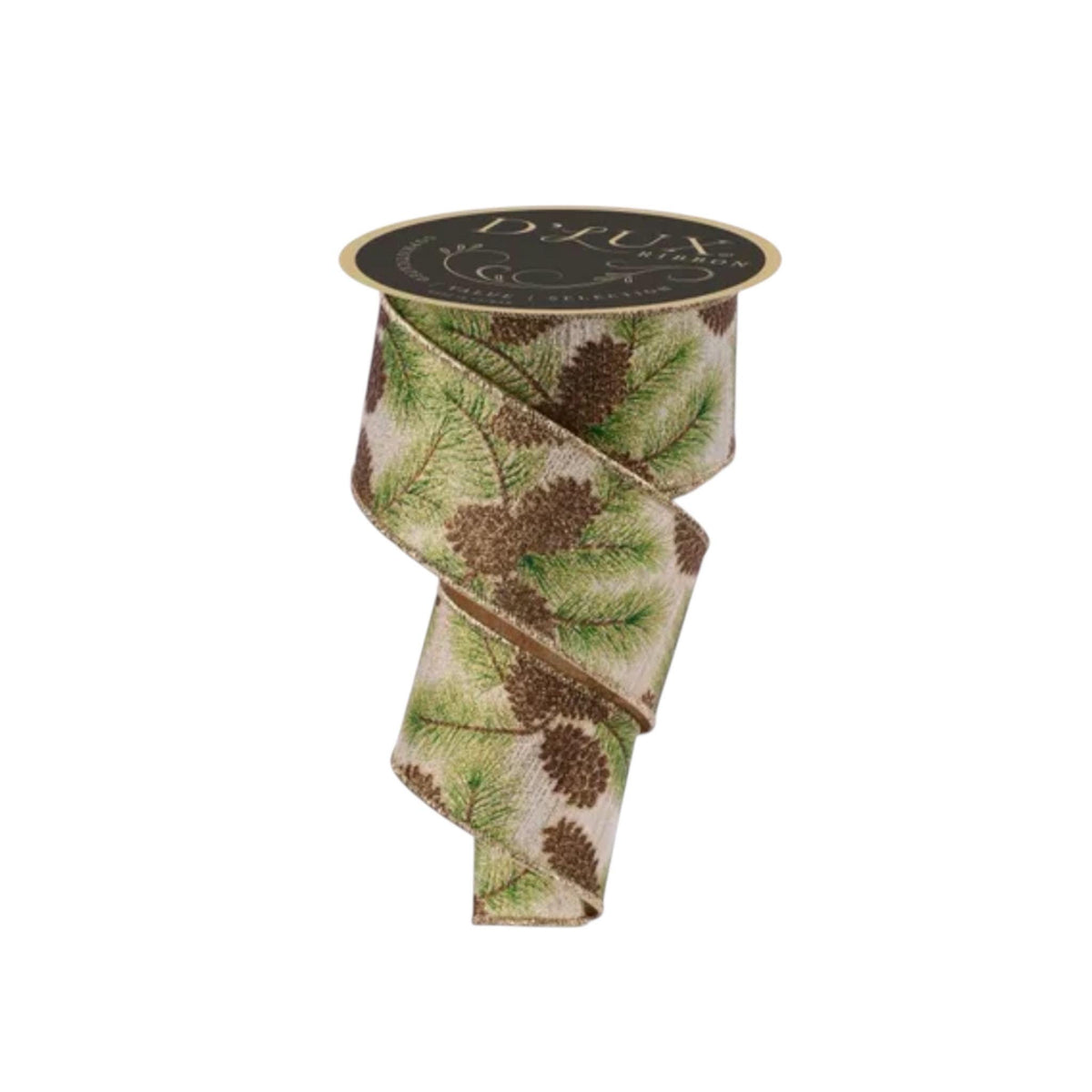 Pinecone Ribbon Christmas Wired Ribbon | Pine Branch Wreath Ribbon | Woodland Holiday Ribbon