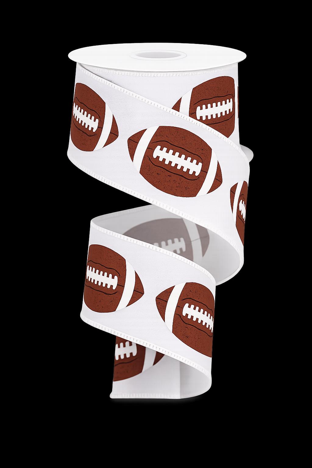 Football Wired Ribbon – Brown & White Football Print, 2.5" x 10 Yards