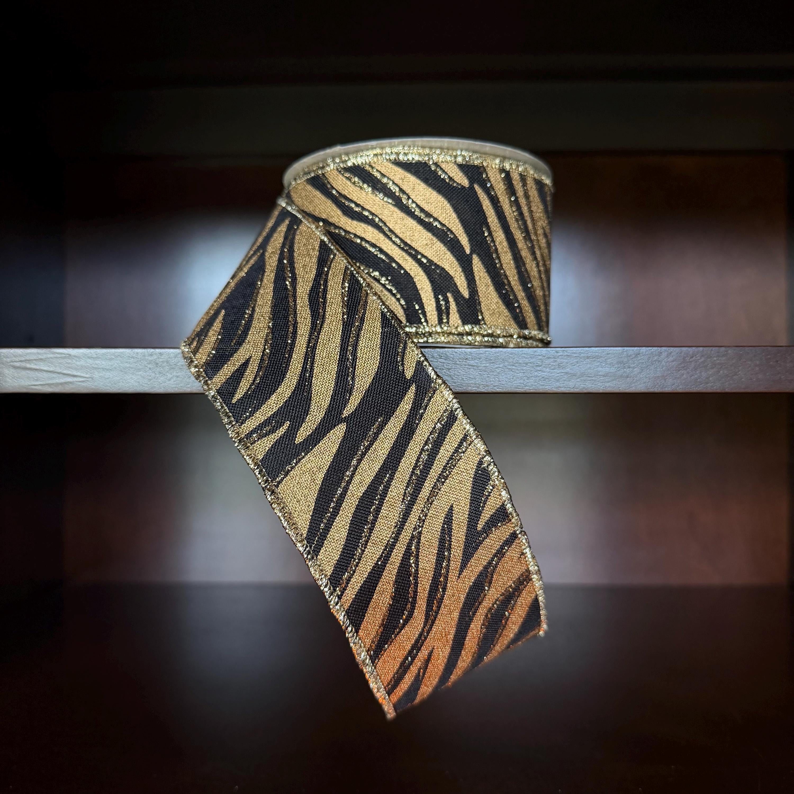 Football Ribbon | Black & Gold Tiger Print Wired Ribbon for Homecoming Mums, Wreaths & School Spirit Bows