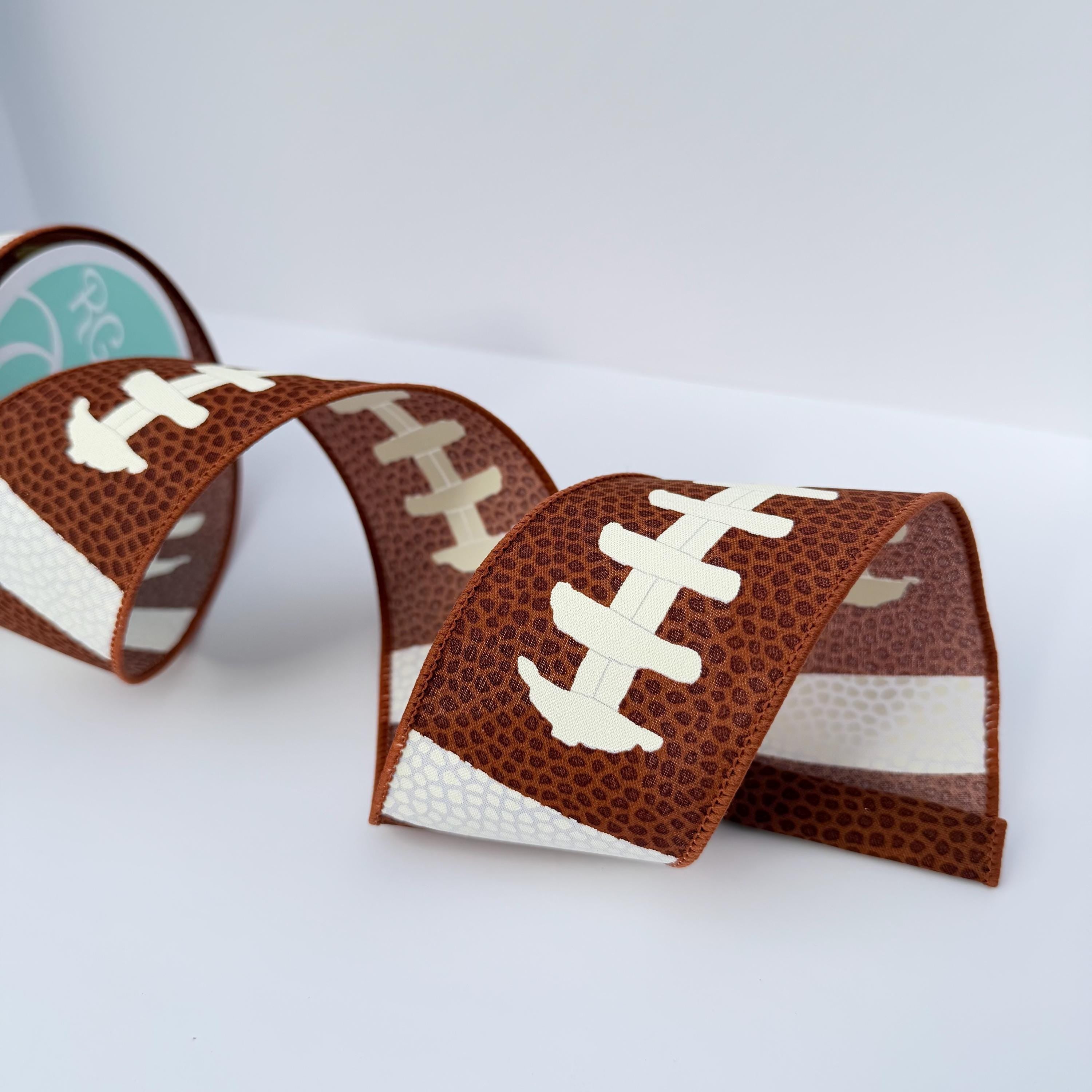 Football Lace Wired Ribbon – Brown & White Football Design, 10 Yards