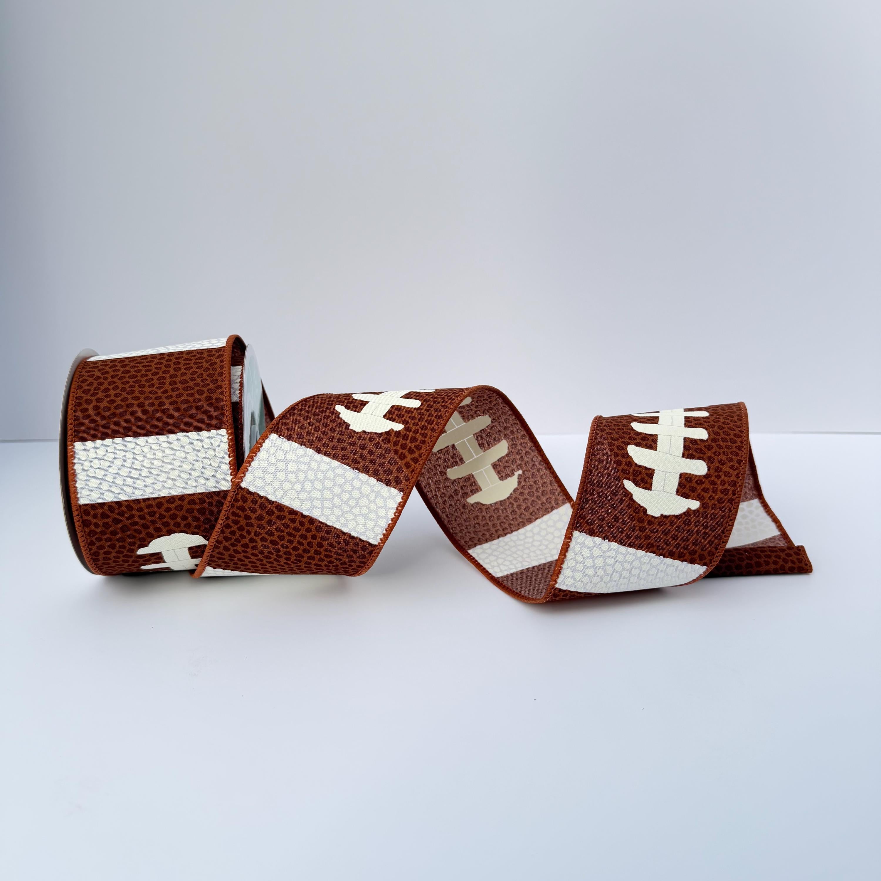 Football Lace Wired Ribbon – Brown & White Football Design, 10 Yards