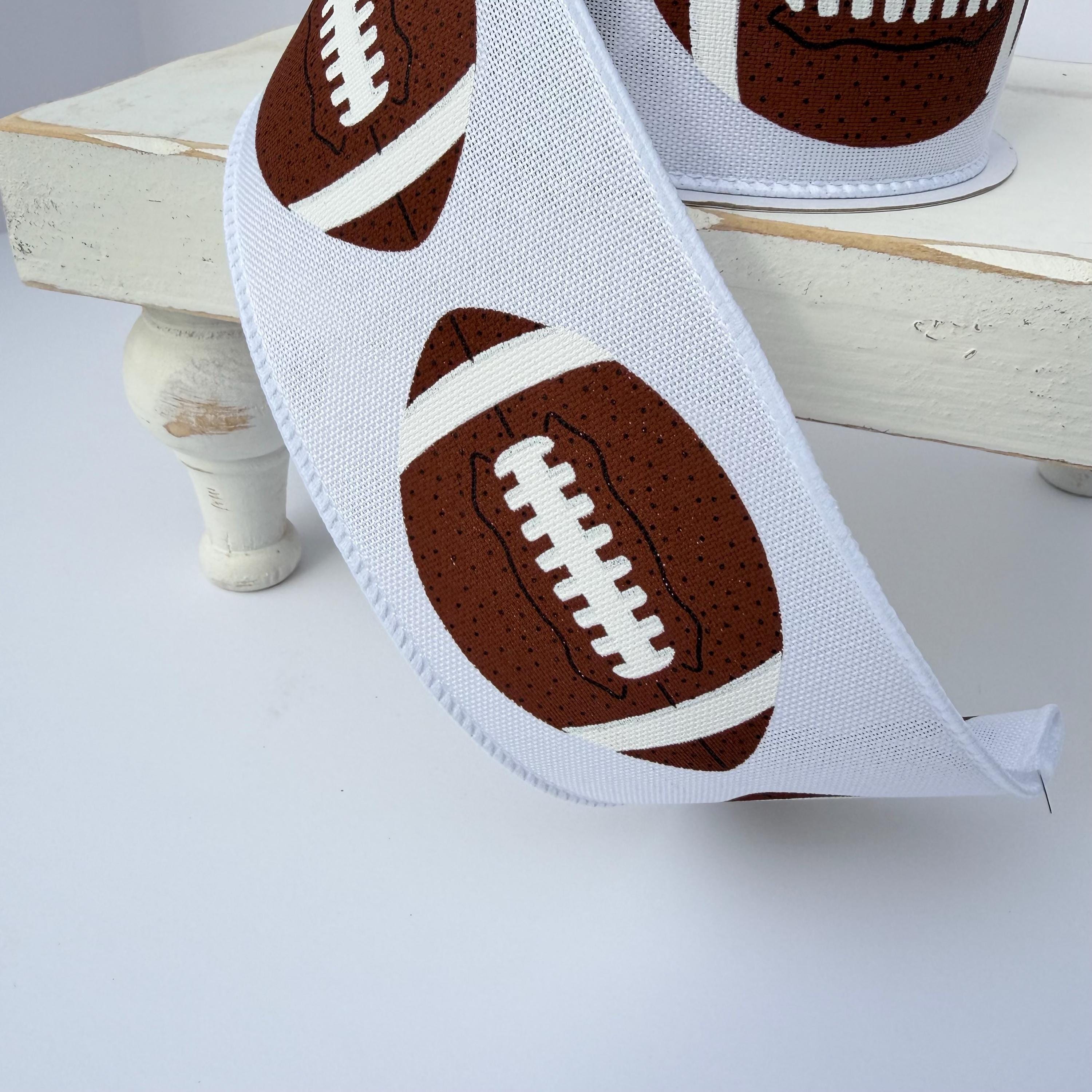 Football Wired Ribbon – Brown & White Football Print, 2.5" x 10 Yards