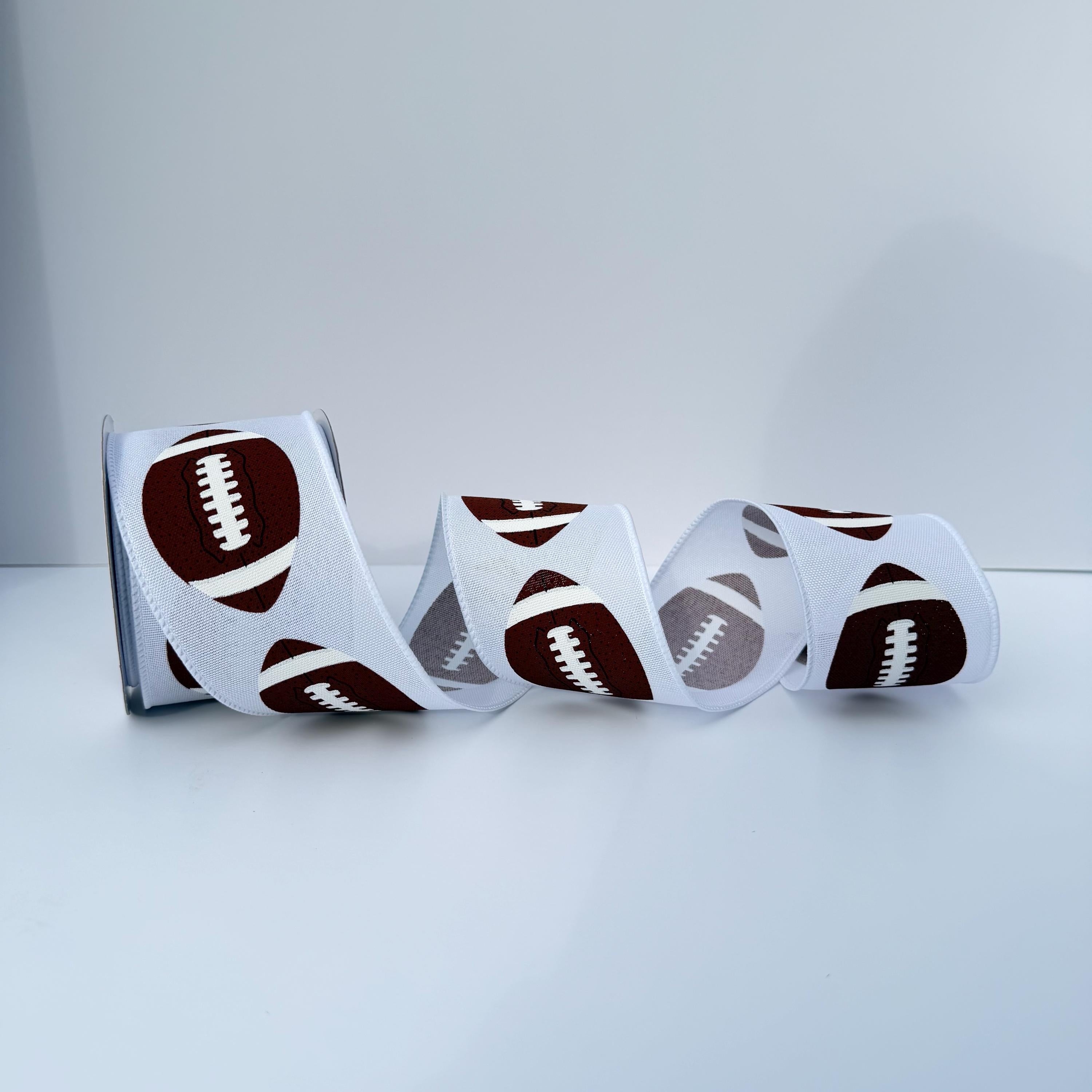 Football Wired Ribbon – Brown & White Football Print, 2.5" x 10 Yards