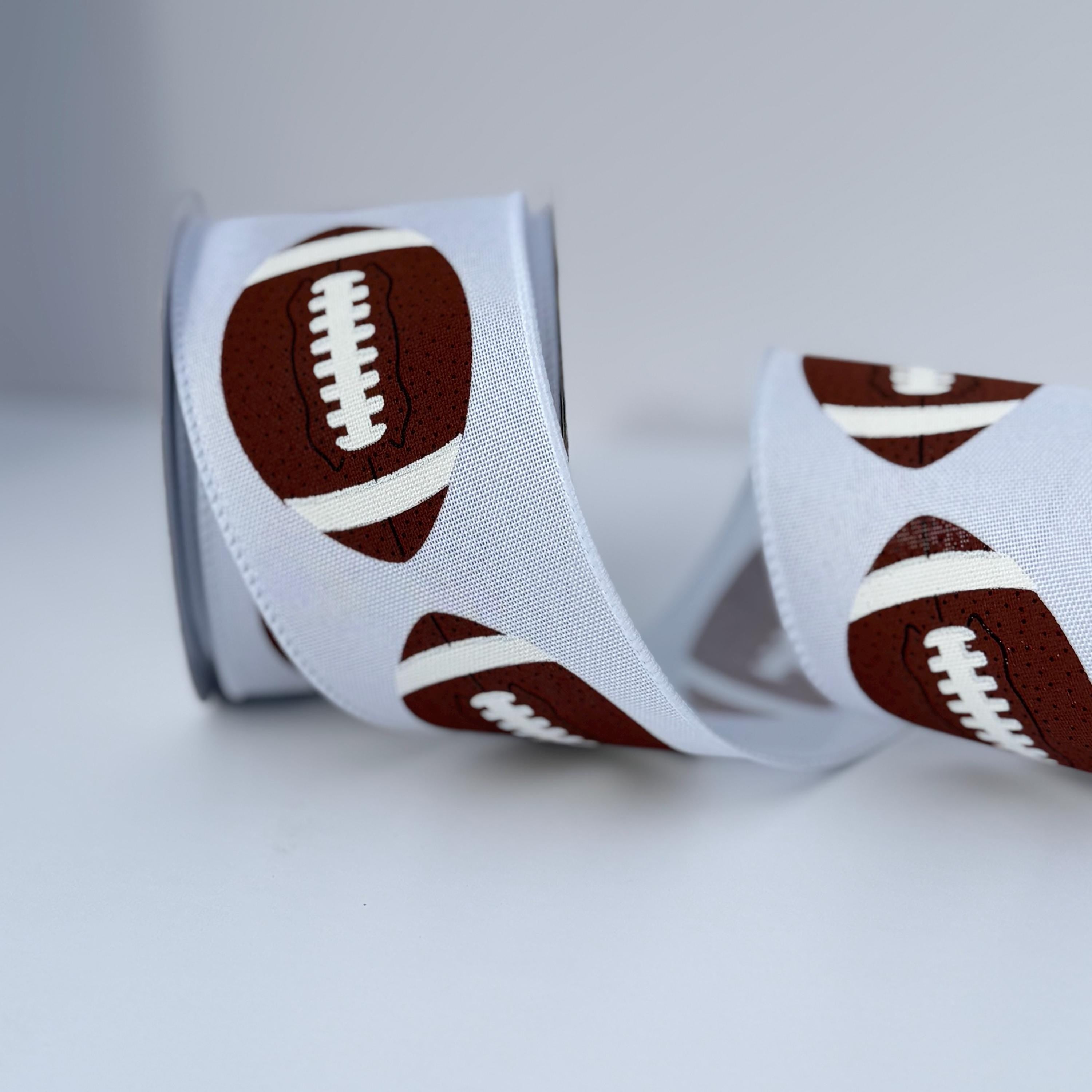 Football Wired Ribbon – Brown & White Football Print, 2.5" x 10 Yards