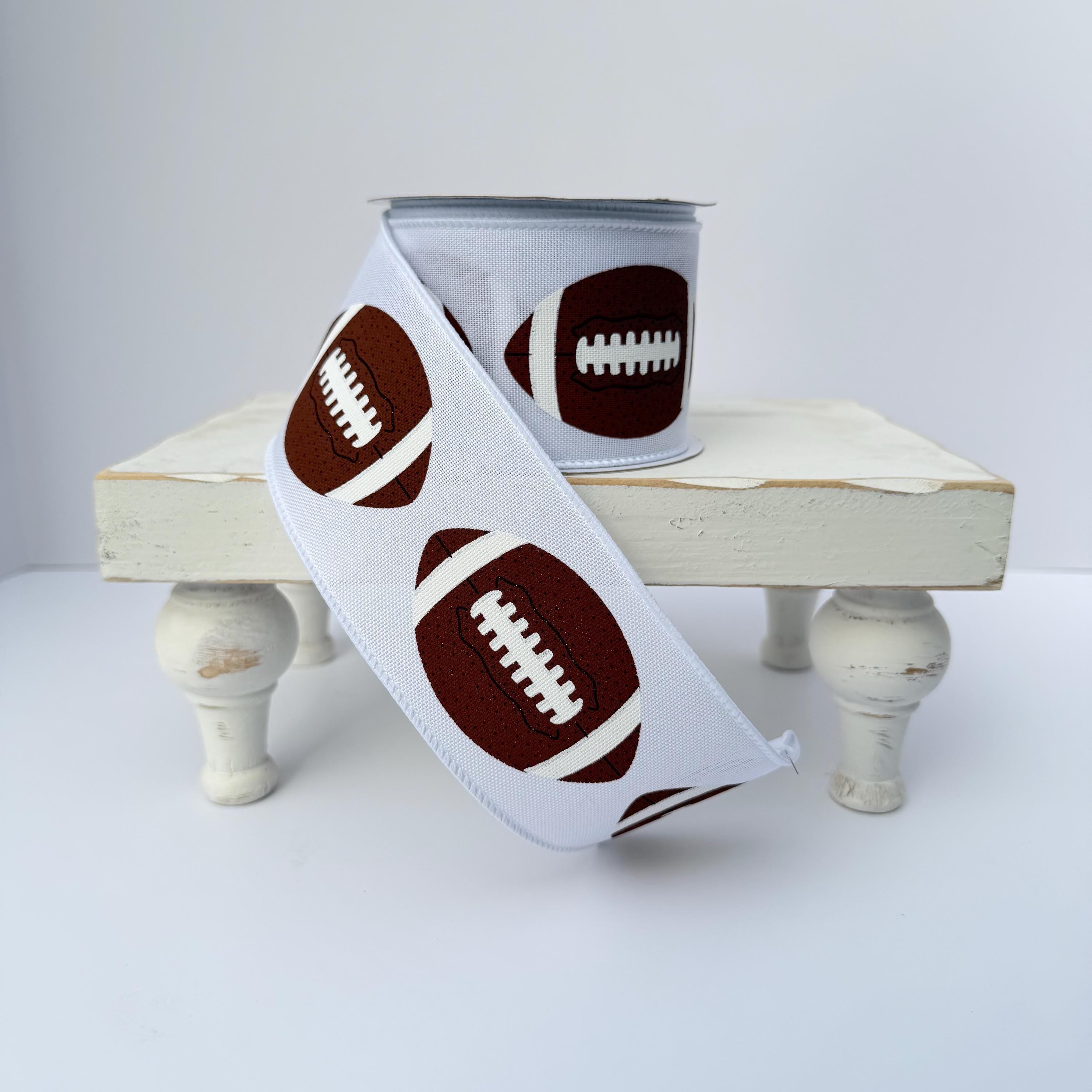 Football Wired Ribbon – Brown & White Football Print, 2.5" x 10 Yards