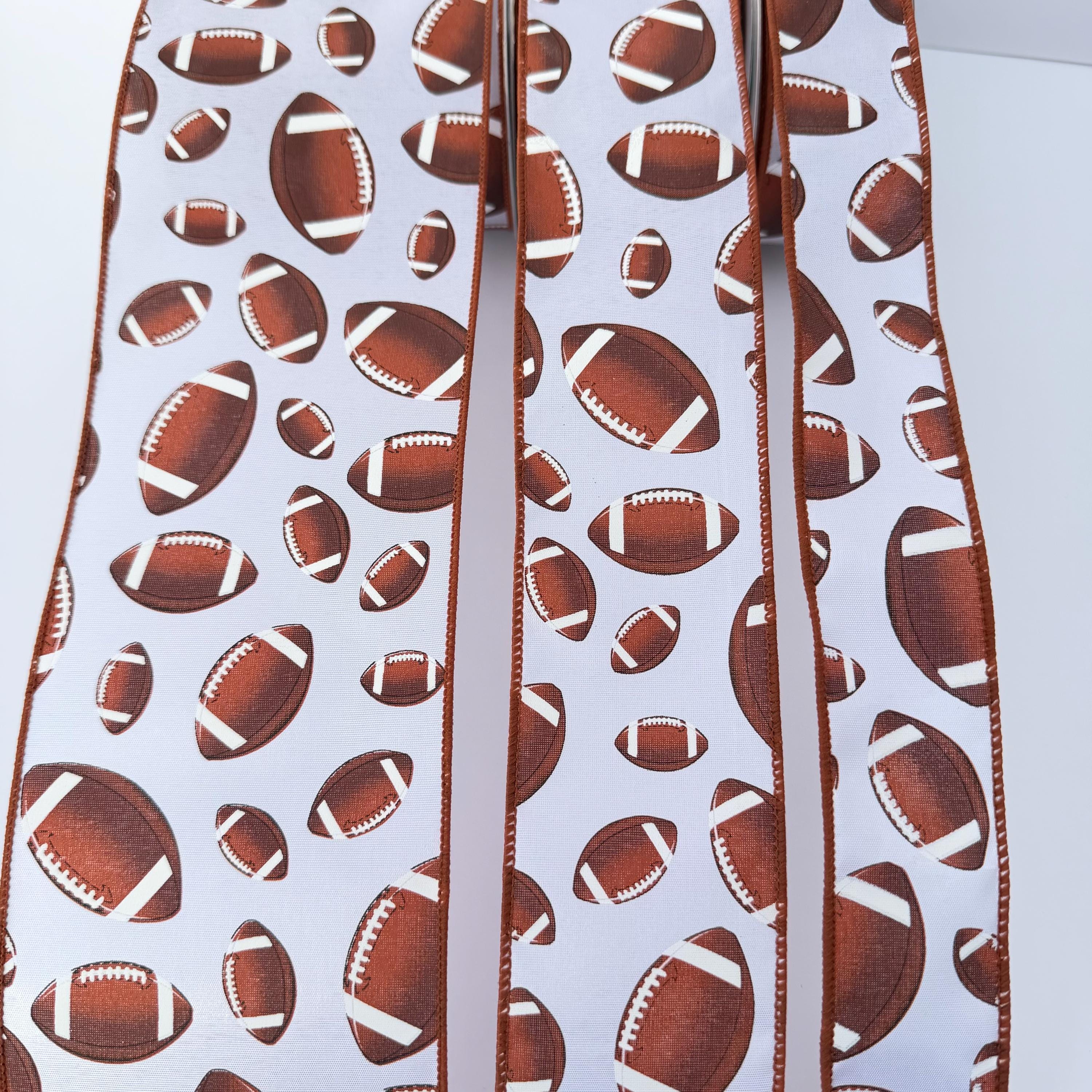 Football Wired Ribbon – Brown & White Football Print – 10 Yard