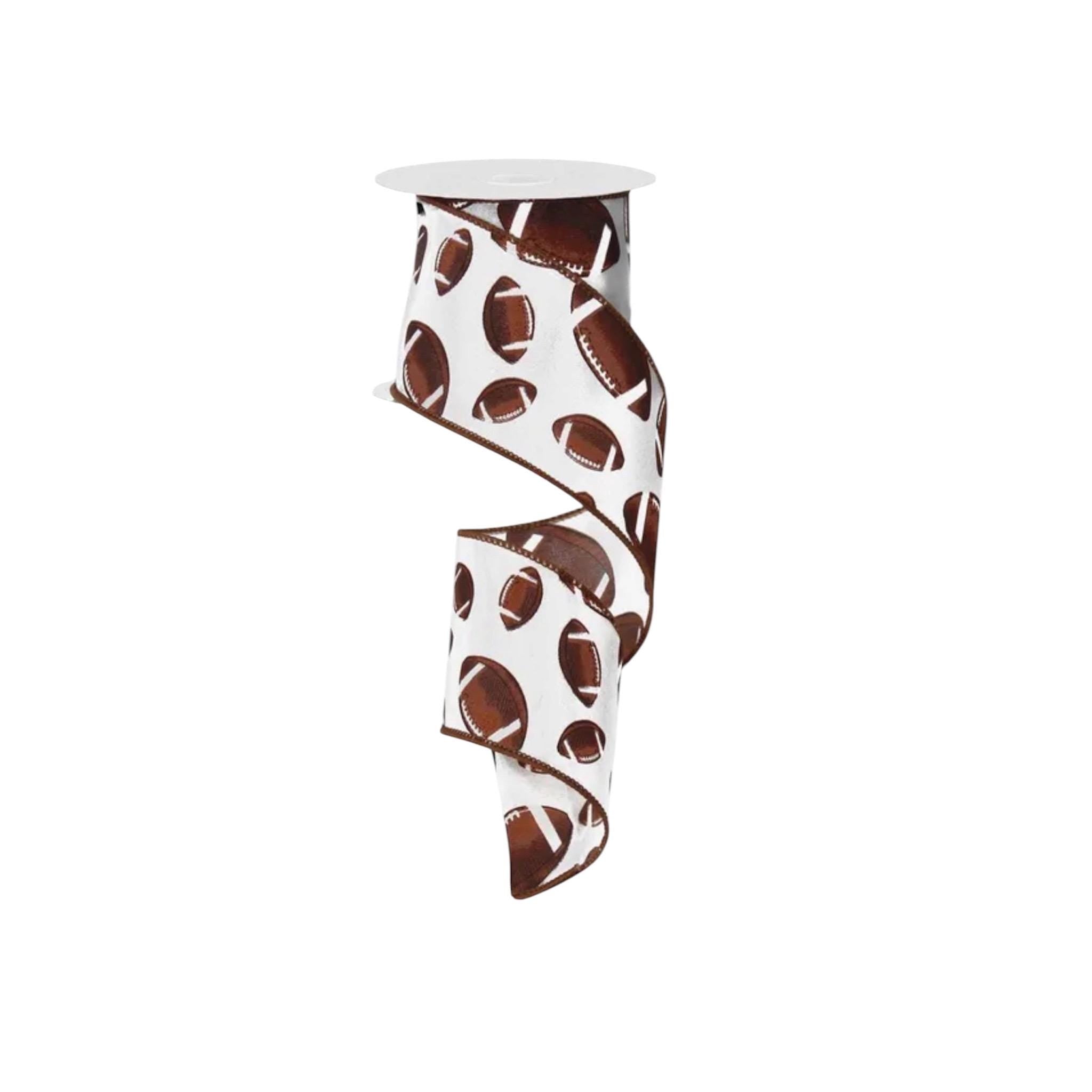 Football Wired Ribbon – Brown & White Football Print – 10 Yard