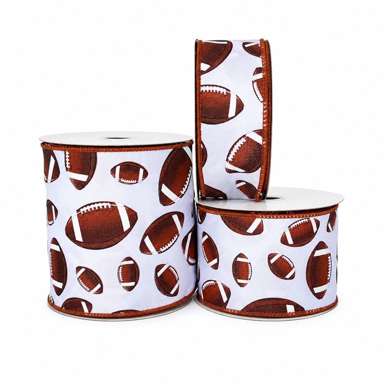 Football Wired Ribbon – Brown & White Football Print – 10 Yard