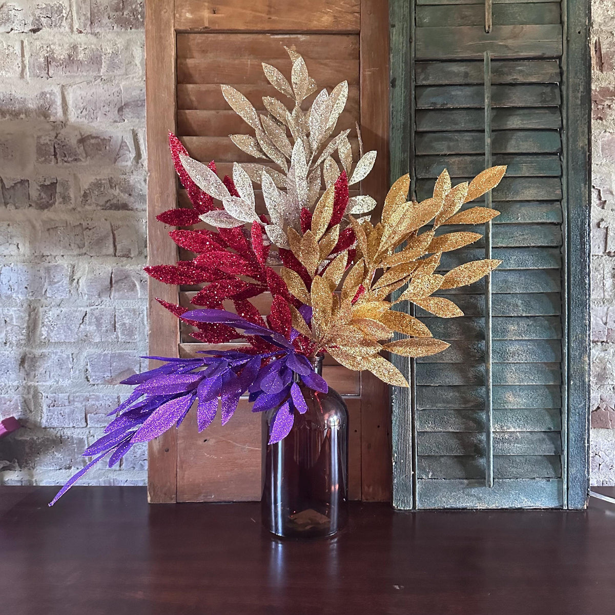 Christmas Tree Pick Champagne Glitter Leaf Spray | Holiday Floral Stem Wreath & Garland Decor