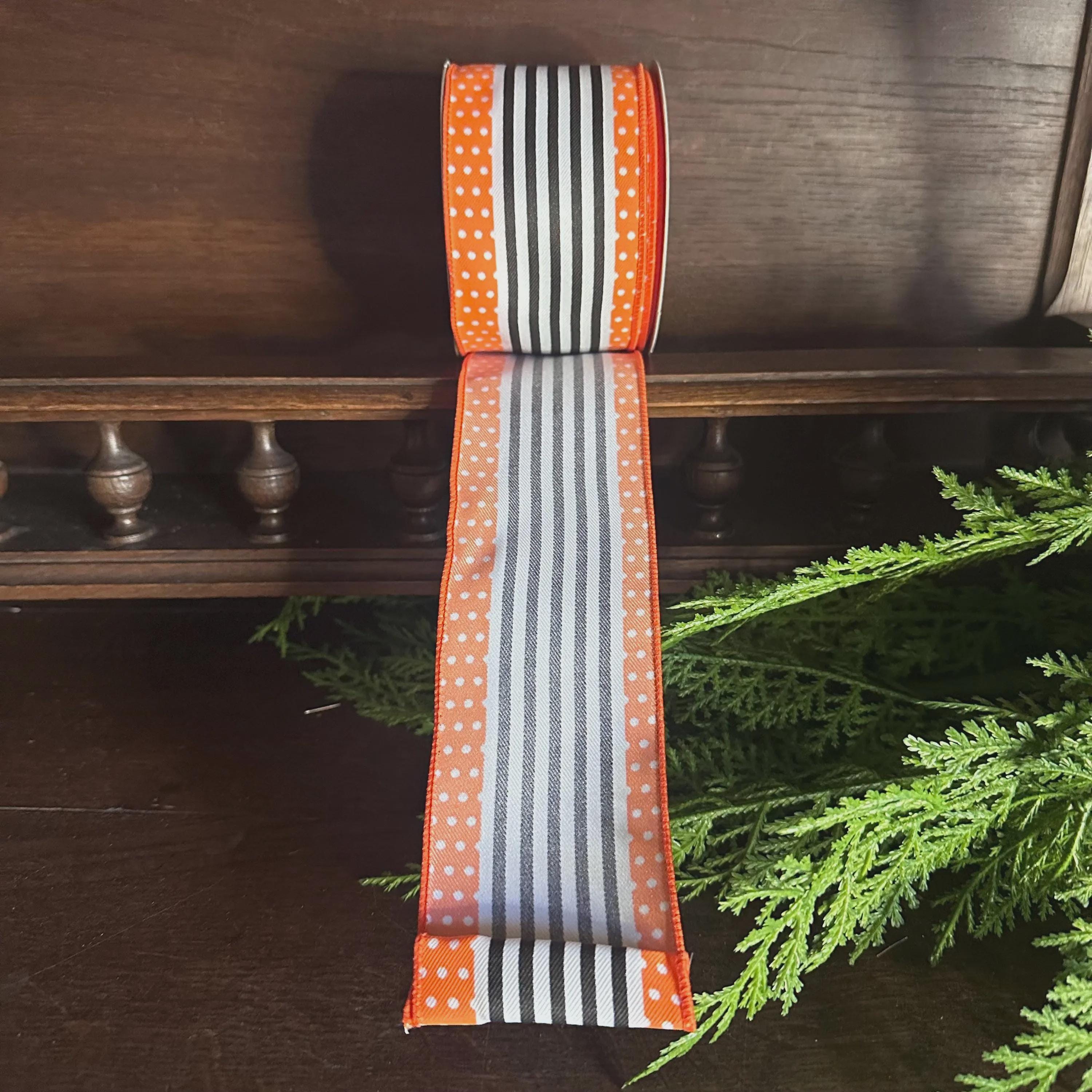 Orange Black Stripe Ribbon Wired Edge Halloween Ribbon Polka Dot Ribbon Wreath Ribbon Bow Making Ribbon 2.5 Inch 10 Yard Roll