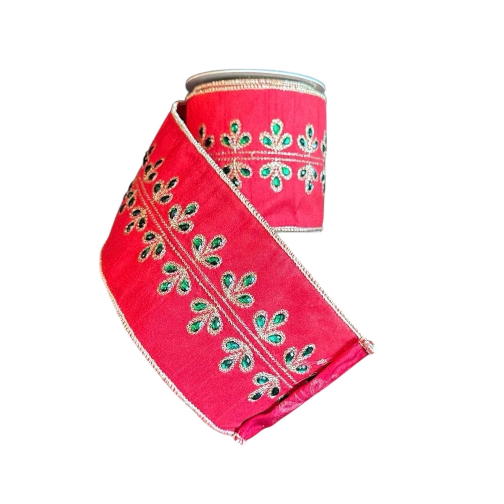 Red Dupioni Christmas Ribbon Wired Edge Ribbon Gold Embroidered Ribbon Christmas Tree Ribbon Wreath Ribbon Bow Making Holiday Decor