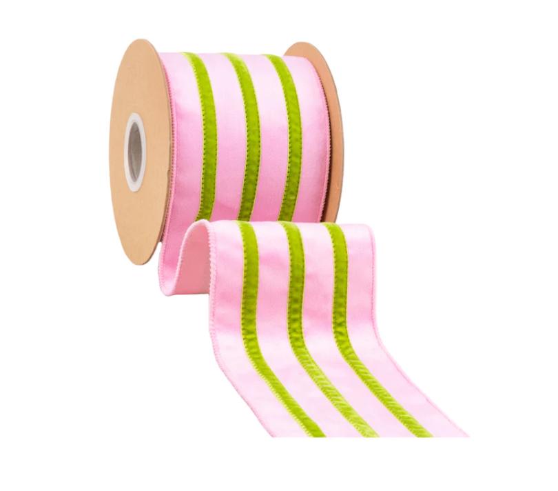 Pink Velvet Ribbon with Green Trim – 4" Wired