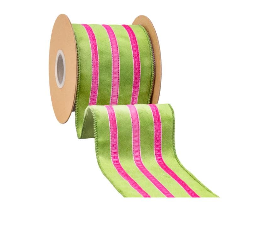 Green Velvet Ribbon with Pink Trim – 4" Wired