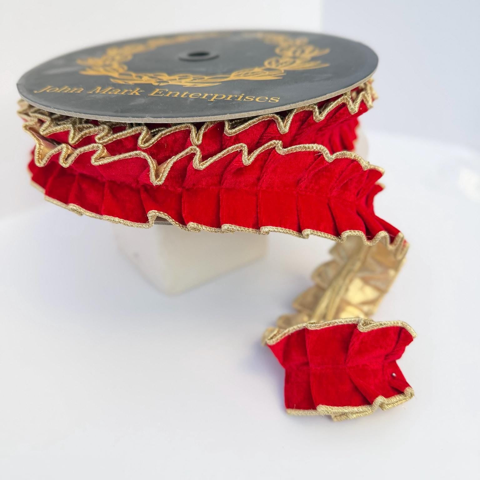 Red Velvet Wired Ribbon, Pleated Gold Metallic Dupioni Double Fused Ribbon, Christmas Ribbon, Designer Ribbon Bow Making, John Mark Ribbon
