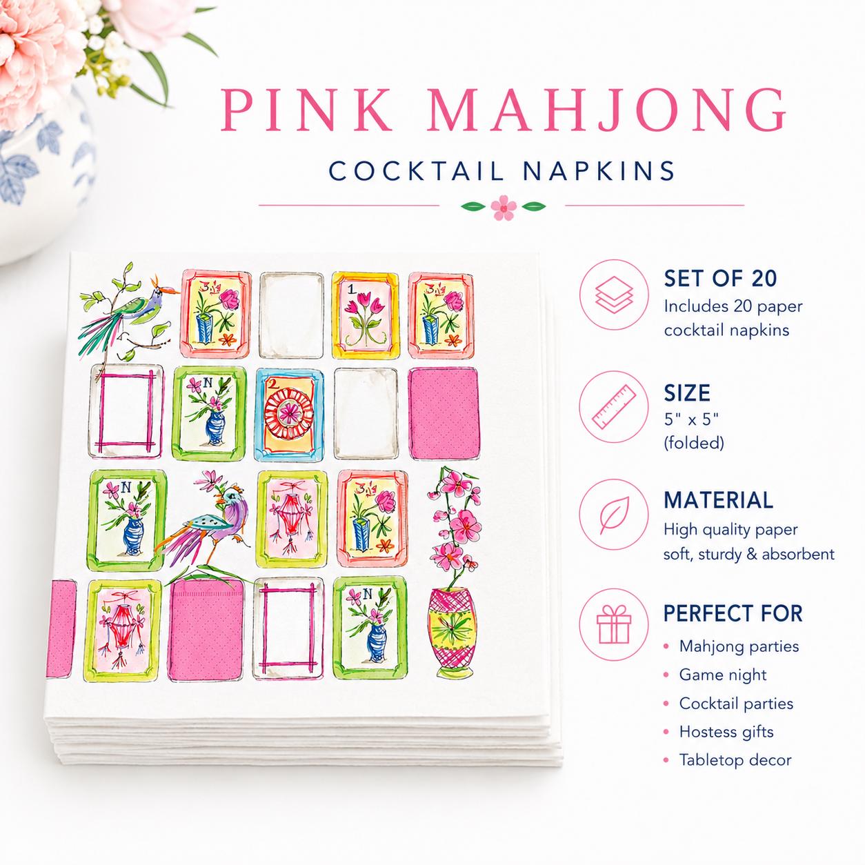Pink Mahjong Guest & Cocktail Napkins | Mahjong Party Decor | Hostess Gift | Game Night Entertaining | Paper Party Napkins