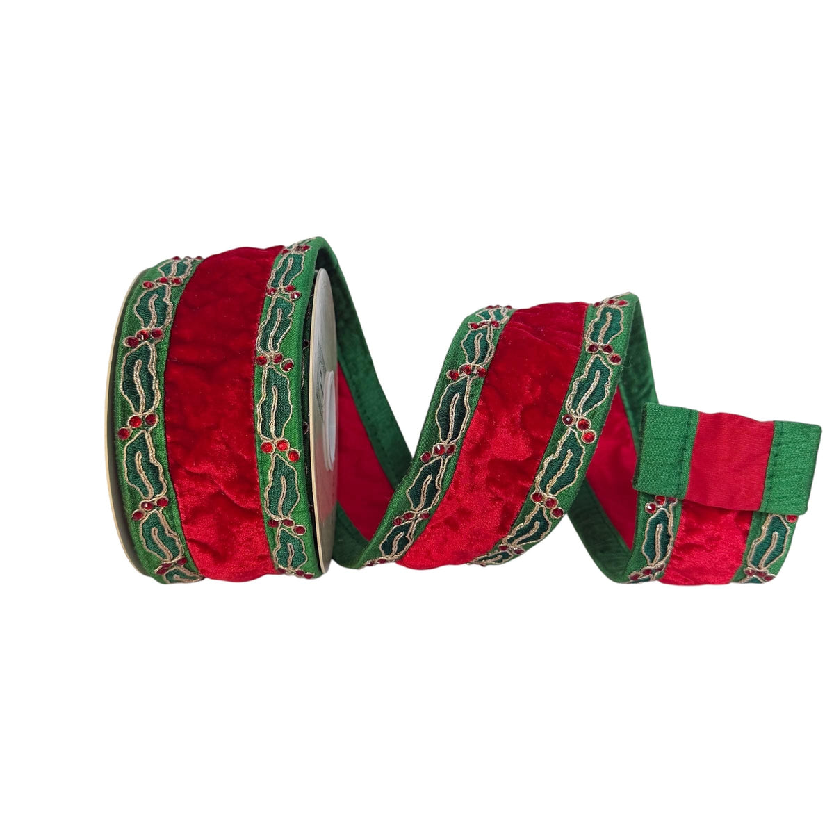 Christmas Red Velvet Ribbon with Holly Wired Designer Ribbon
