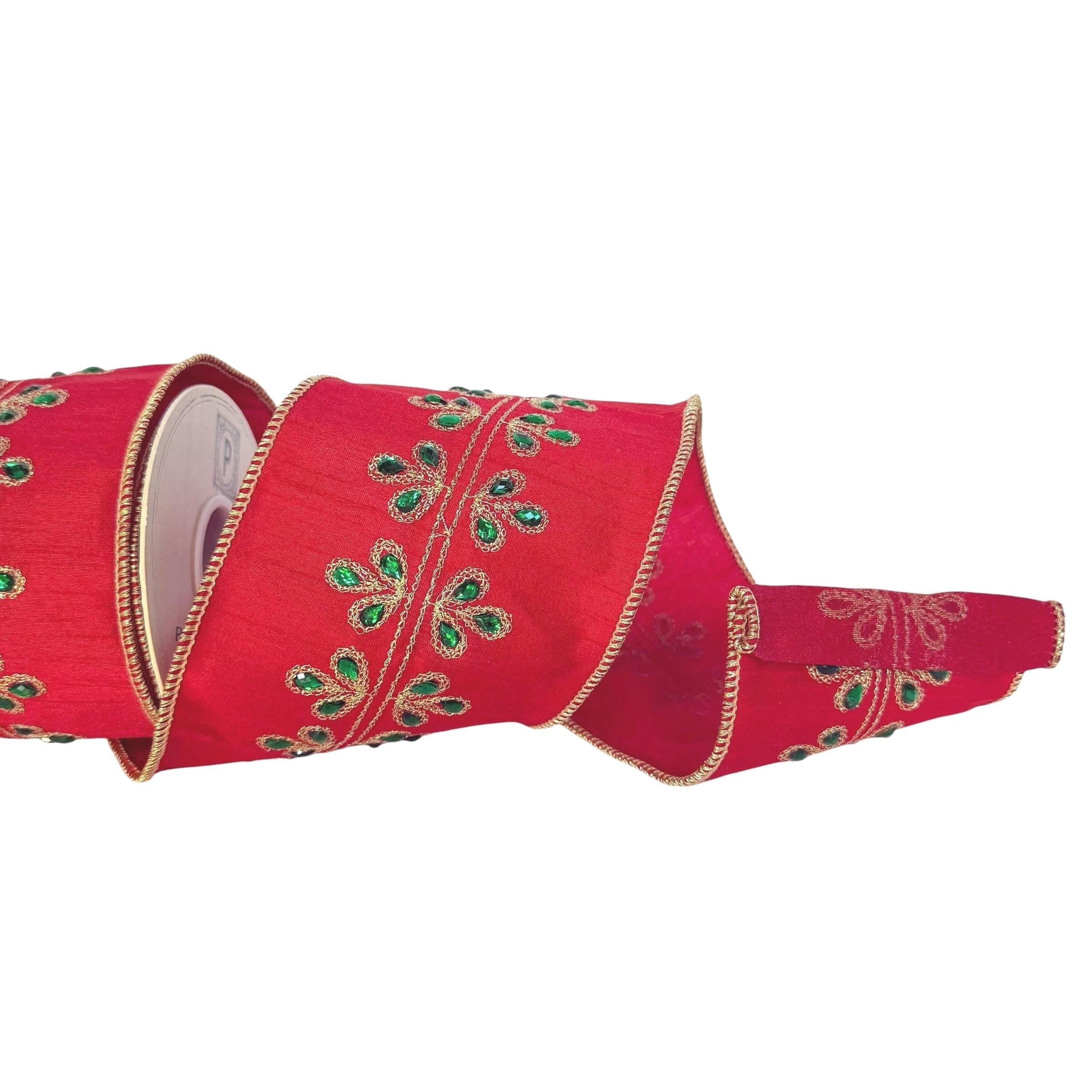 Red Dupioni Christmas Ribbon Wired Edge Ribbon Gold Embroidered Ribbon Christmas Tree Ribbon Wreath Ribbon Bow Making Holiday Decor