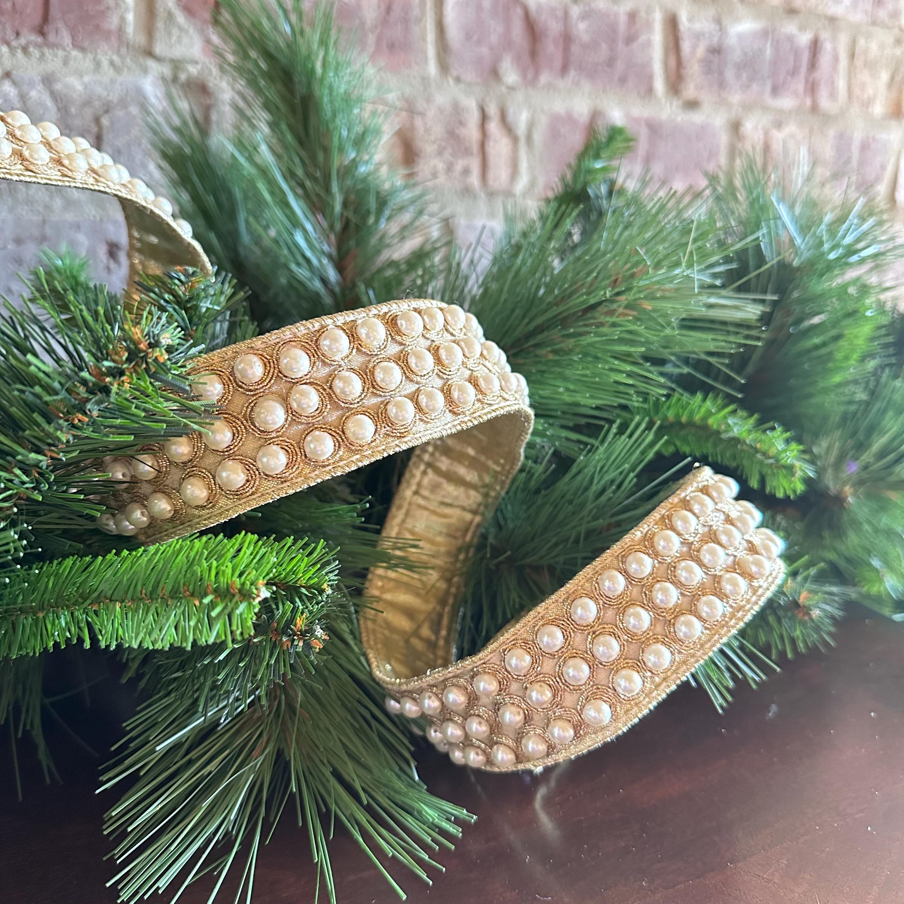 Christmas Ribbon, Wired Ribbon, D. Stevens Ribbon, Gold Ribbon, Designer Ribbon, Luxury Pearl Trim Ribbon, Tree Decor