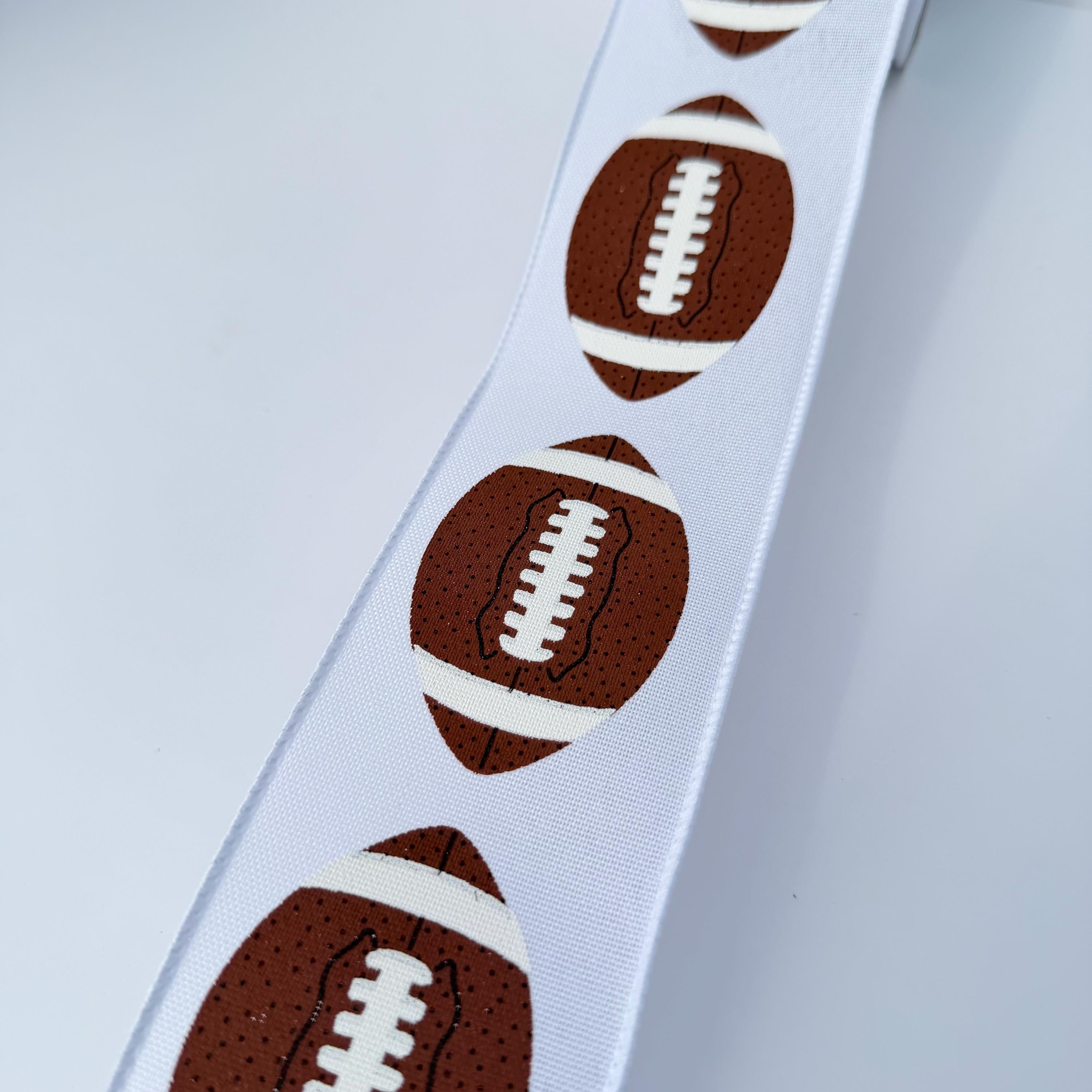 Football Wired Ribbon – Brown & White Football Print, 2.5" x 10 Yards