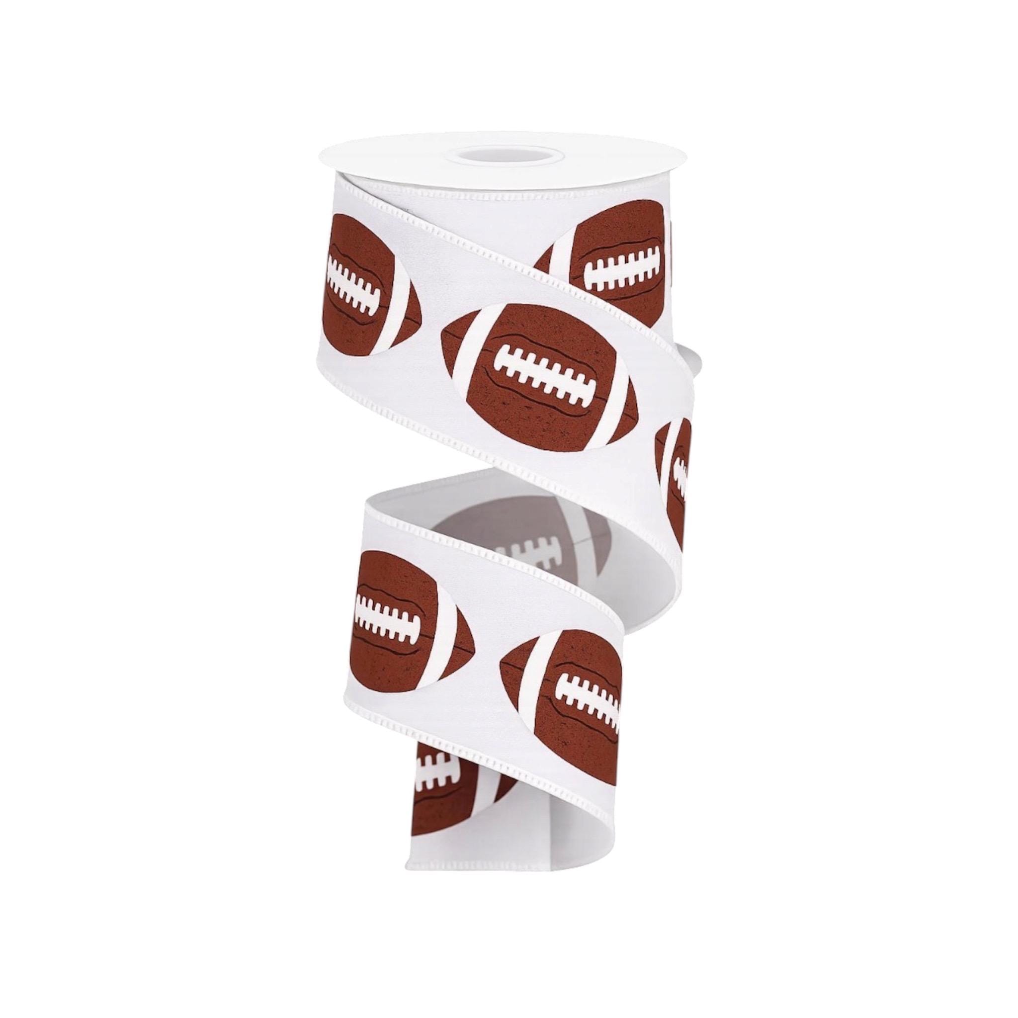 Football Wired Ribbon – Brown & White Football Print, 2.5" x 10 Yards