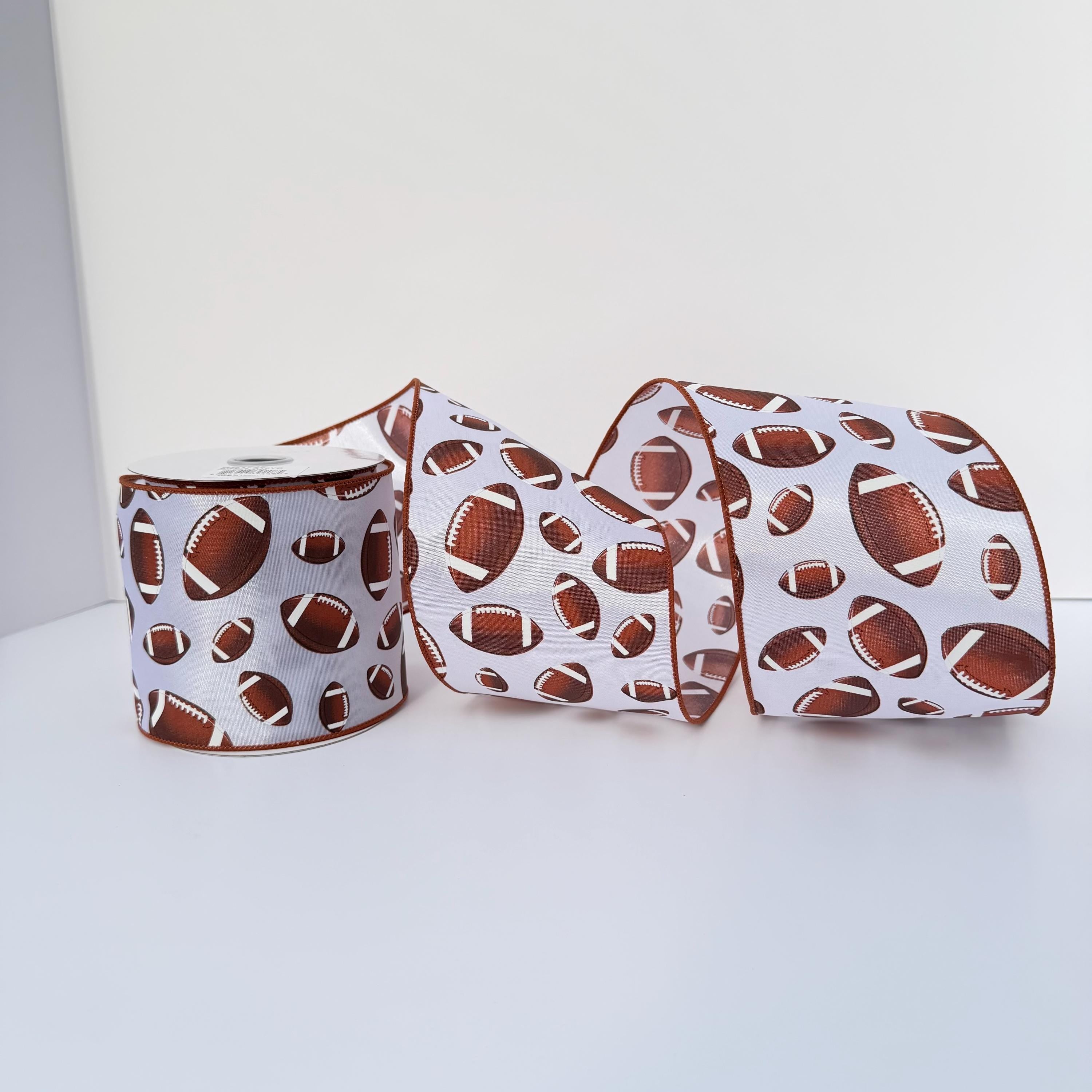 Football Wired Ribbon – Brown & White Football Print – 10 Yard