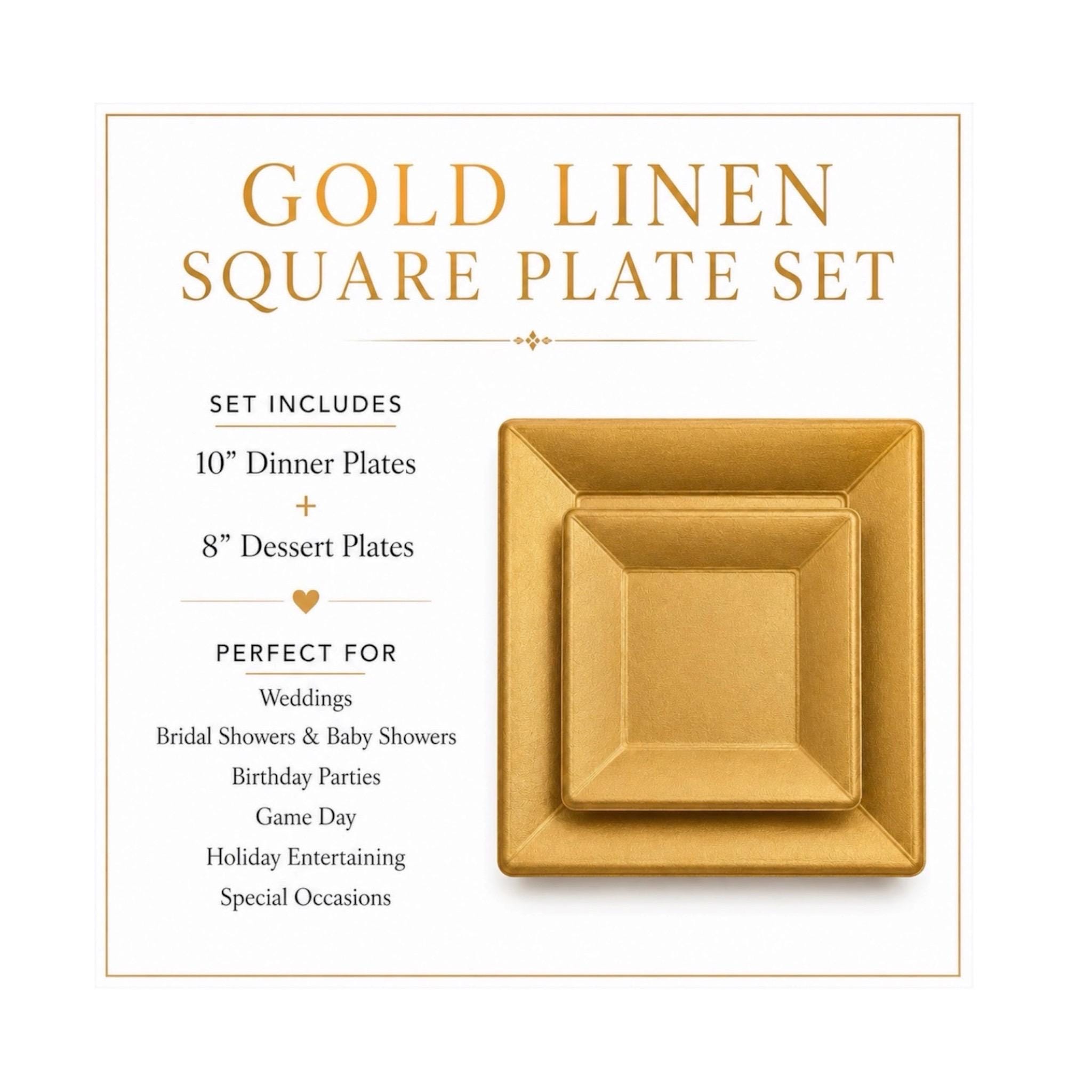 Gold Square Plate Set Disposable Dinner Plates & Dessert Plates Wedding Party Plates Bridal Shower Birthday Holiday Entertaining