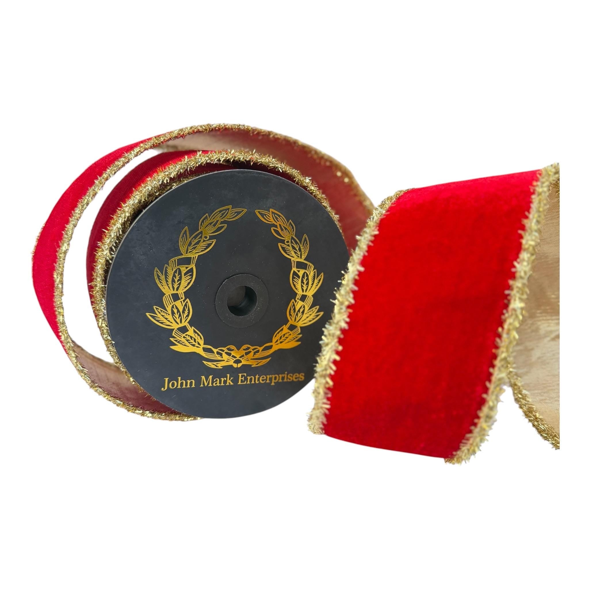 Christmas Velvet Wired Ribbon, Red Velvet Ribbon, Gold Tinsel Edge Ribbon, Luxury Holiday Ribbon Designer Ribbon Bow Making John Mark Ribbon