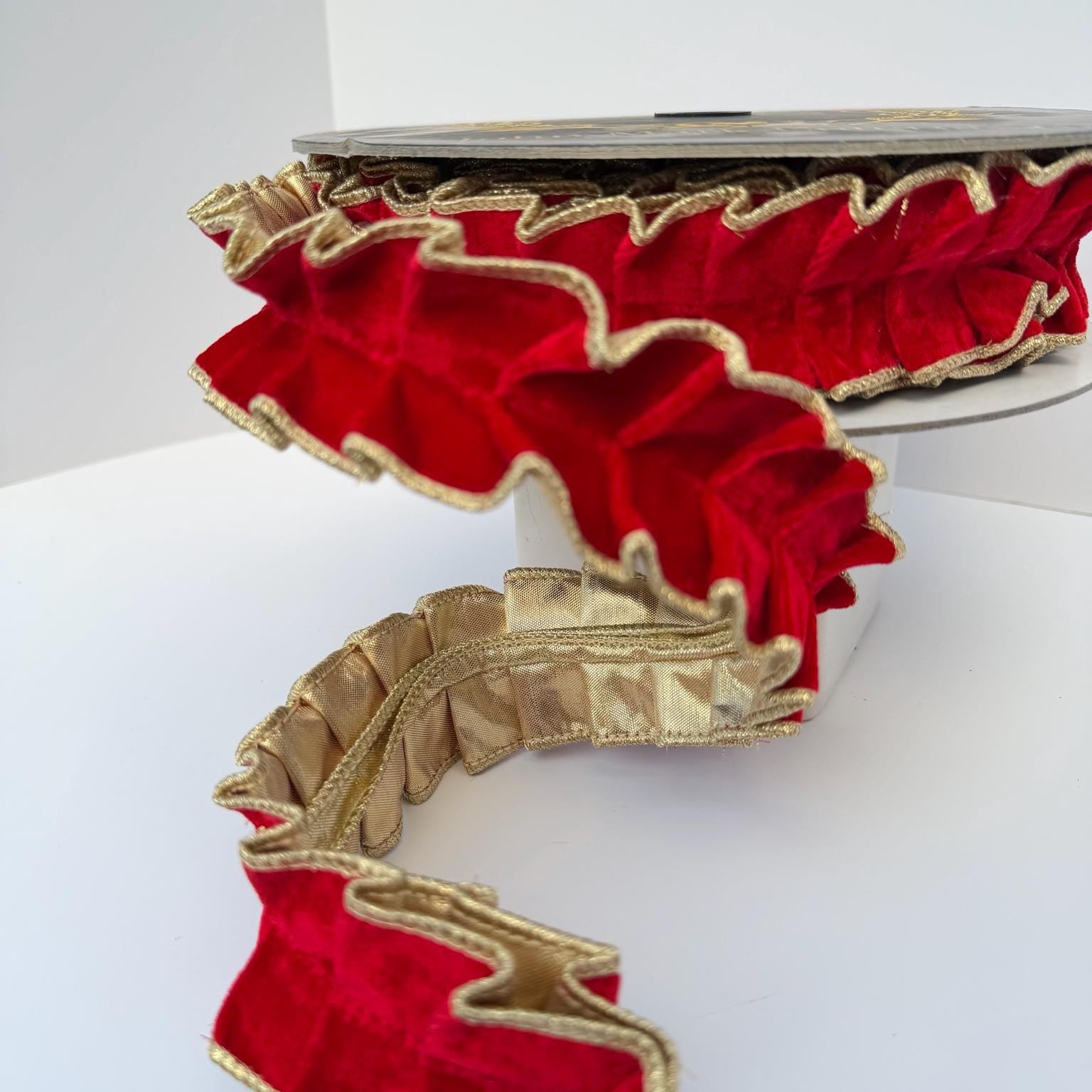 Red Velvet Wired Ribbon, Pleated Gold Metallic Dupioni Double Fused Ribbon, Christmas Ribbon, Designer Ribbon Bow Making, John Mark Ribbon