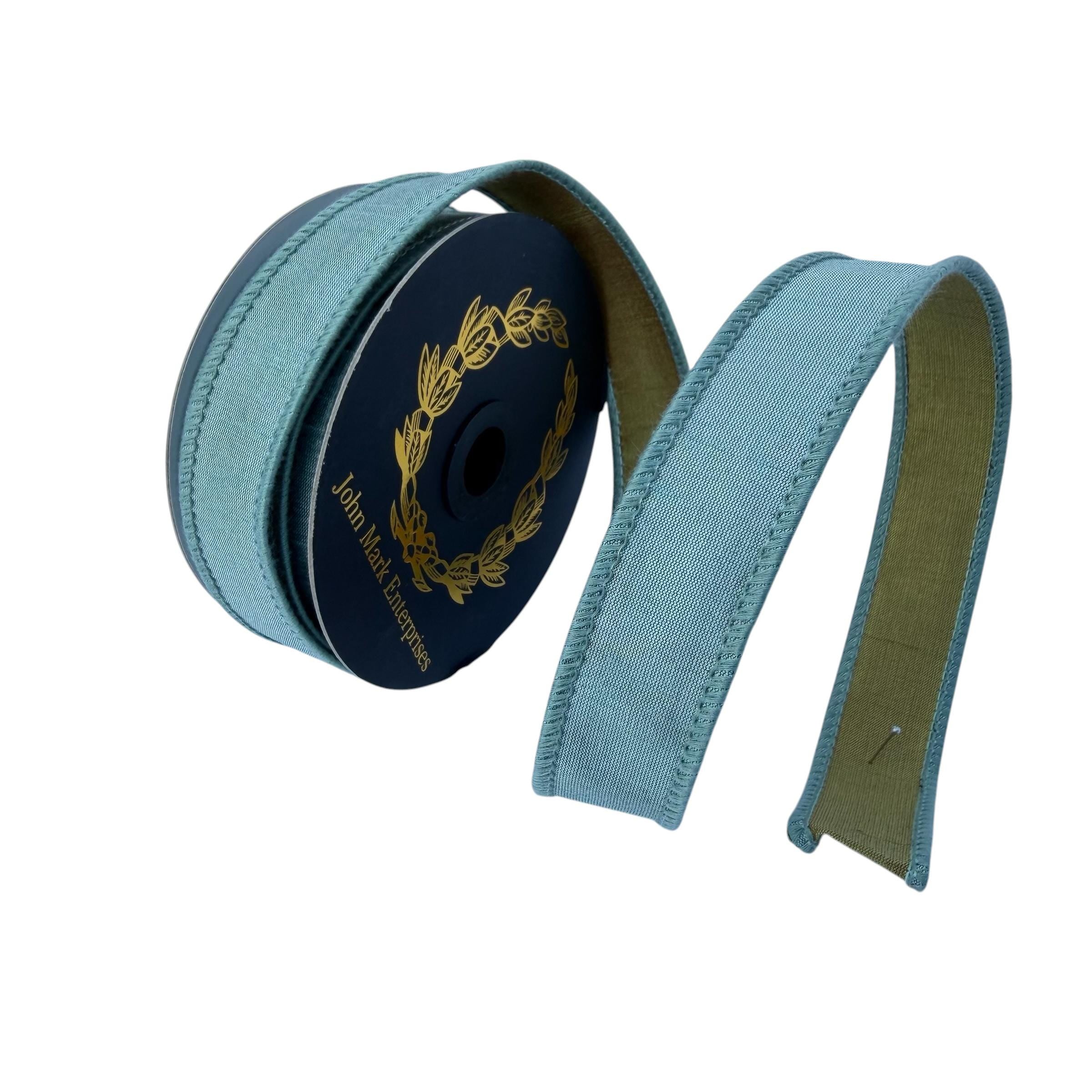 John Mark Blue Dupion Wired Ribbon with Olive Green Back 1 Inch x 10 Yards Designer Luxury Ribbon for Wreaths Bows Floral Design
