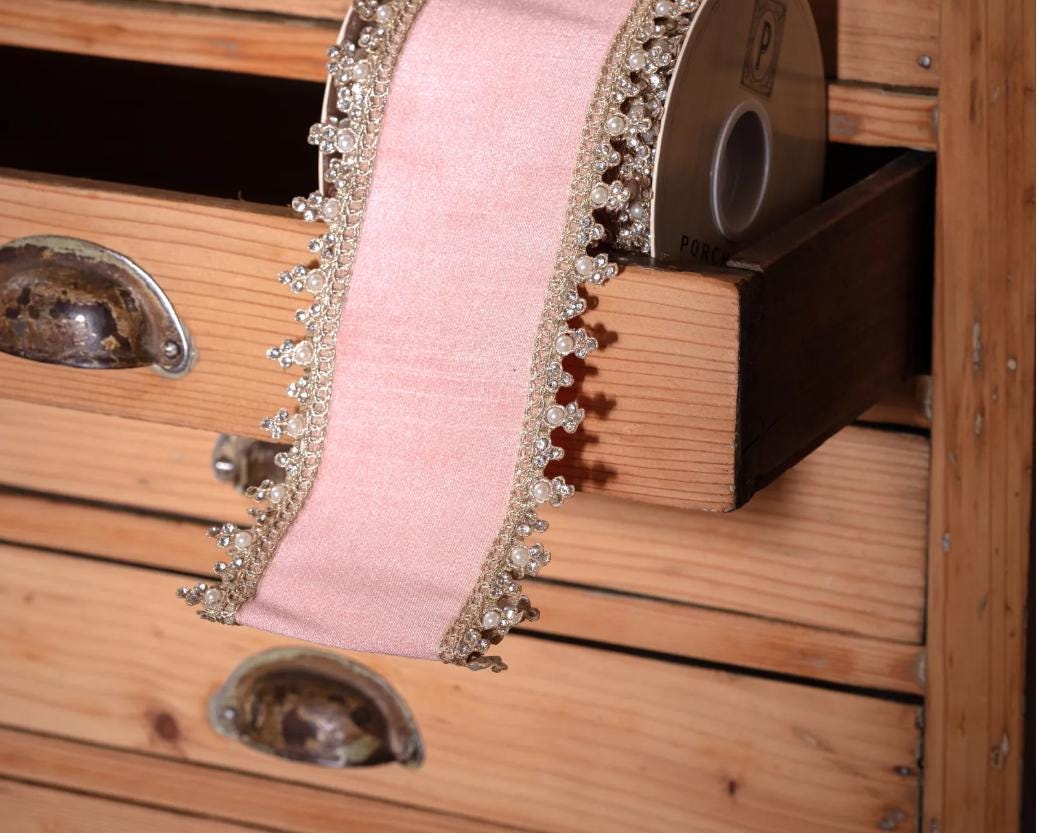 Vintage Cameo Pink Pearl Ribbon, Luxury Decorative Metallic Wired Ribbon for Wreaths & Christmas Decor