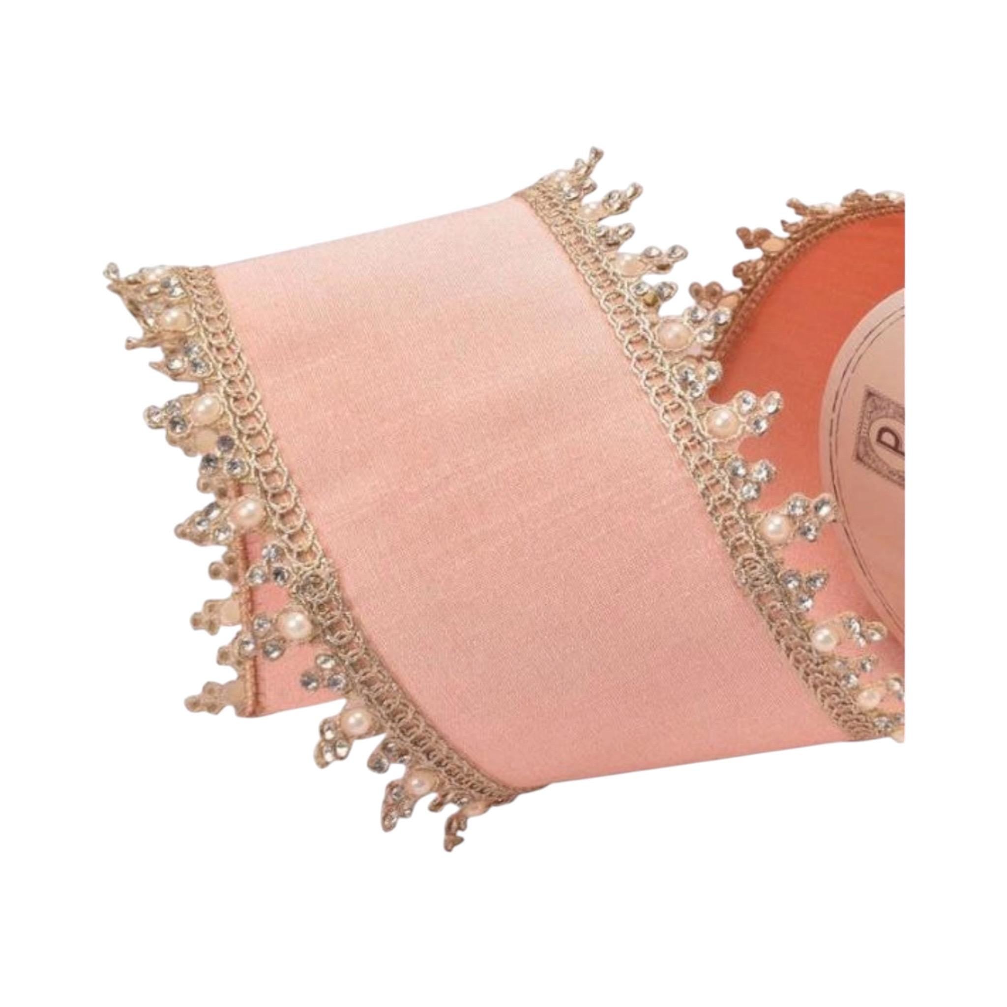 Vintage Cameo Pink Pearl Ribbon, Luxury Decorative Metallic Wired Ribbon for Wreaths & Christmas Decor