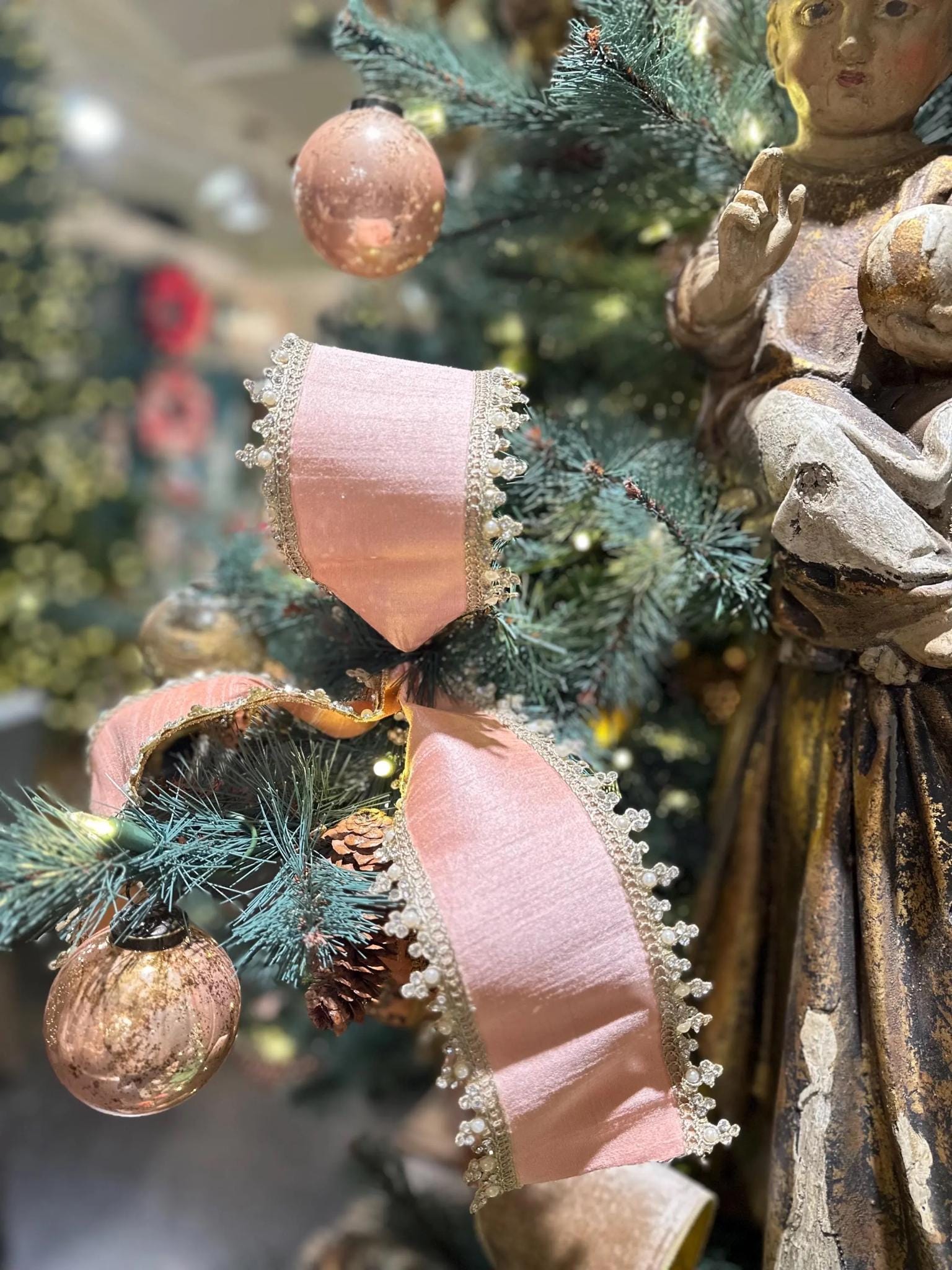 Vintage Cameo Pink Pearl Ribbon, Luxury Decorative Metallic Wired Ribbon for Wreaths & Christmas Decor