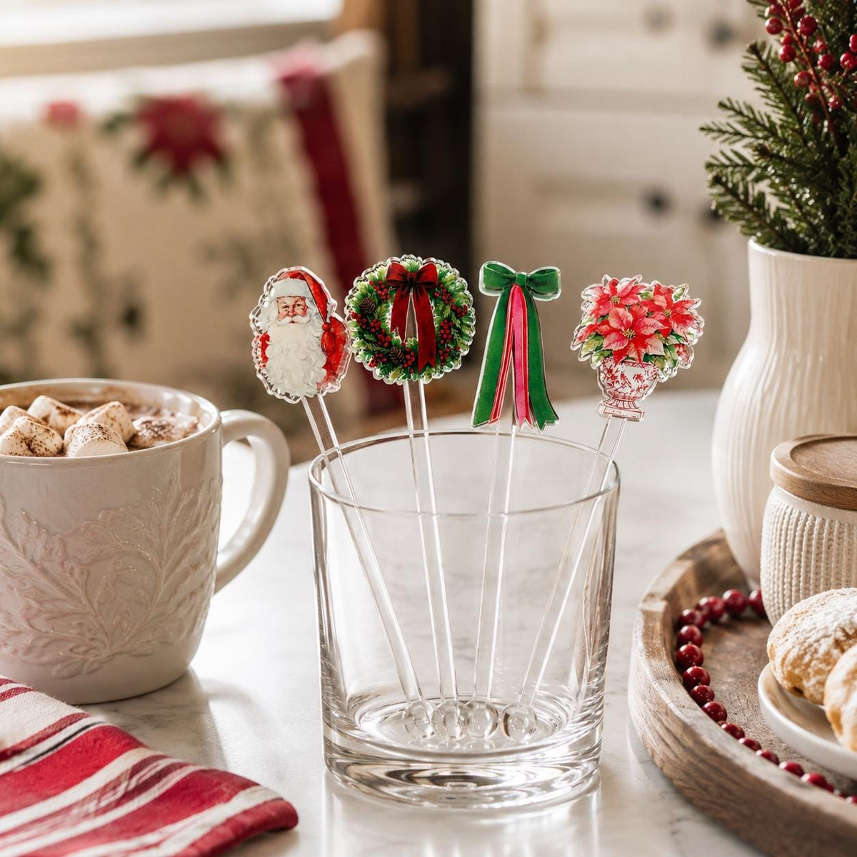 Vintage Christmas Acrylic Stir Sticks | Set of 4 Holiday Drink Stirrers