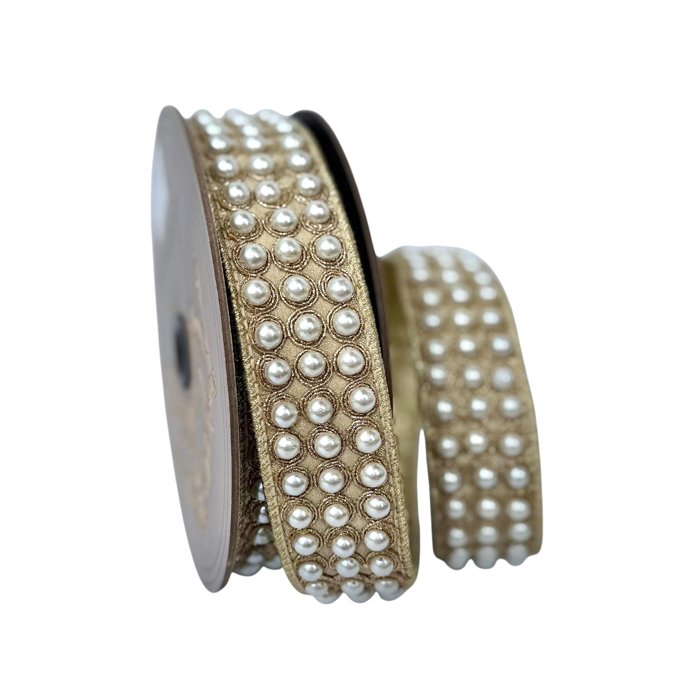 Christmas Ribbon, Wired Ribbon, D. Stevens Ribbon, Gold Ribbon, Designer Ribbon, Luxury Pearl Trim Ribbon, Tree Decor