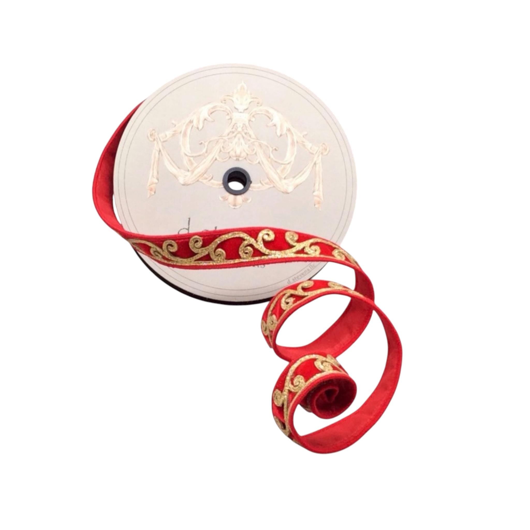 Christmas Ribbon Wired Ribbon Red Gold Scroll Ribbon Wreath Ribbon Holiday Decor Designer Ribbon Decorative Ribbon D. Stevens Ribbon