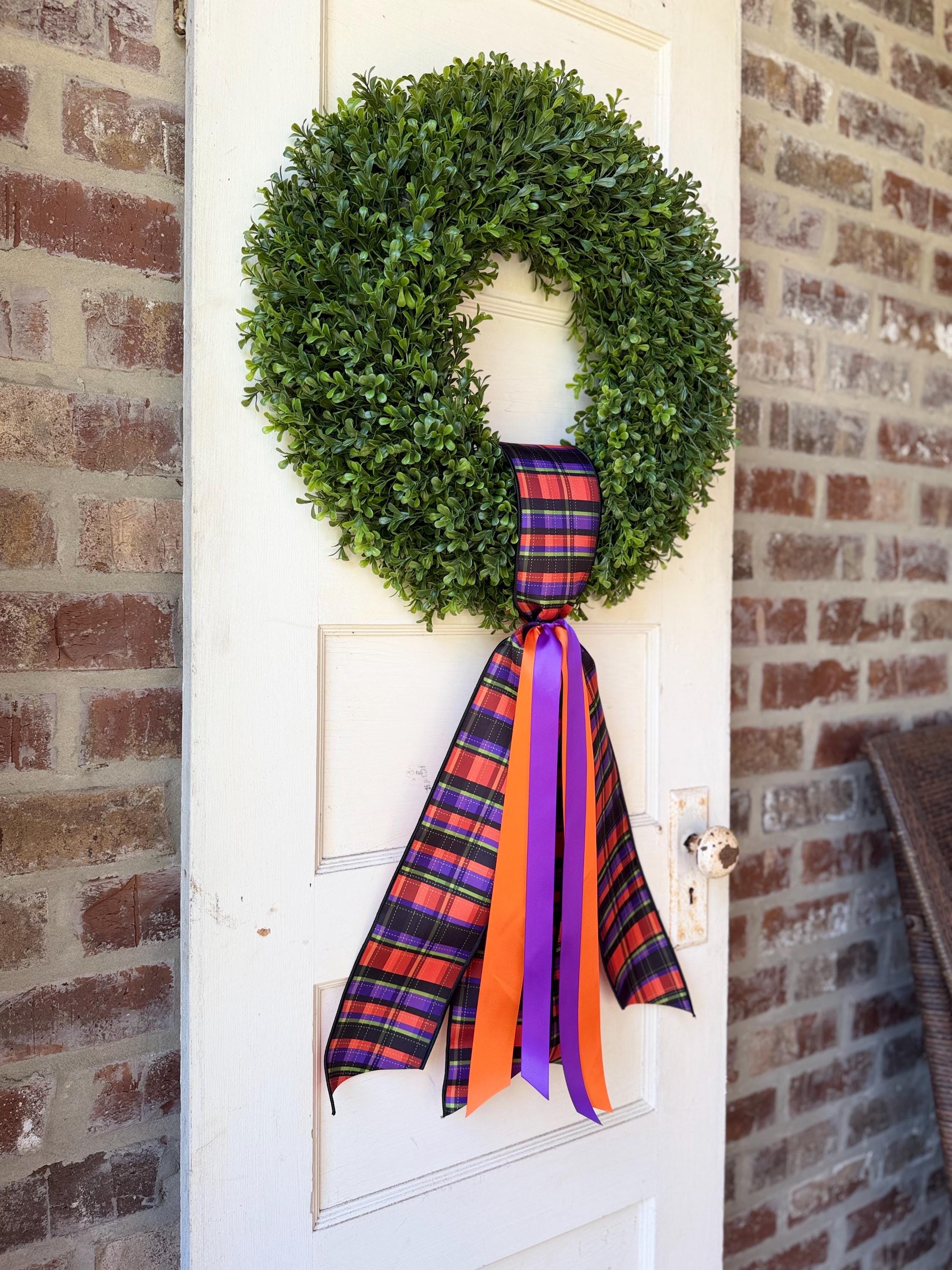 Halloween Wreath Sash for Interchangeable Boxwood Wreath Fall Front Door Decor Purple Orange Plaid Ribbon Seasonal Porch Decoration Handmade