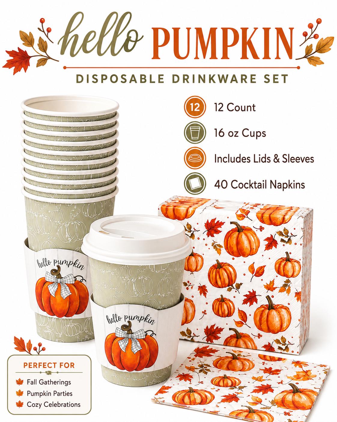 Fall Party Cups and Pumpkin Napkins Set Hot Drink Cups with Lids and Sleeves Thanksgiving Coffee Bar Decor