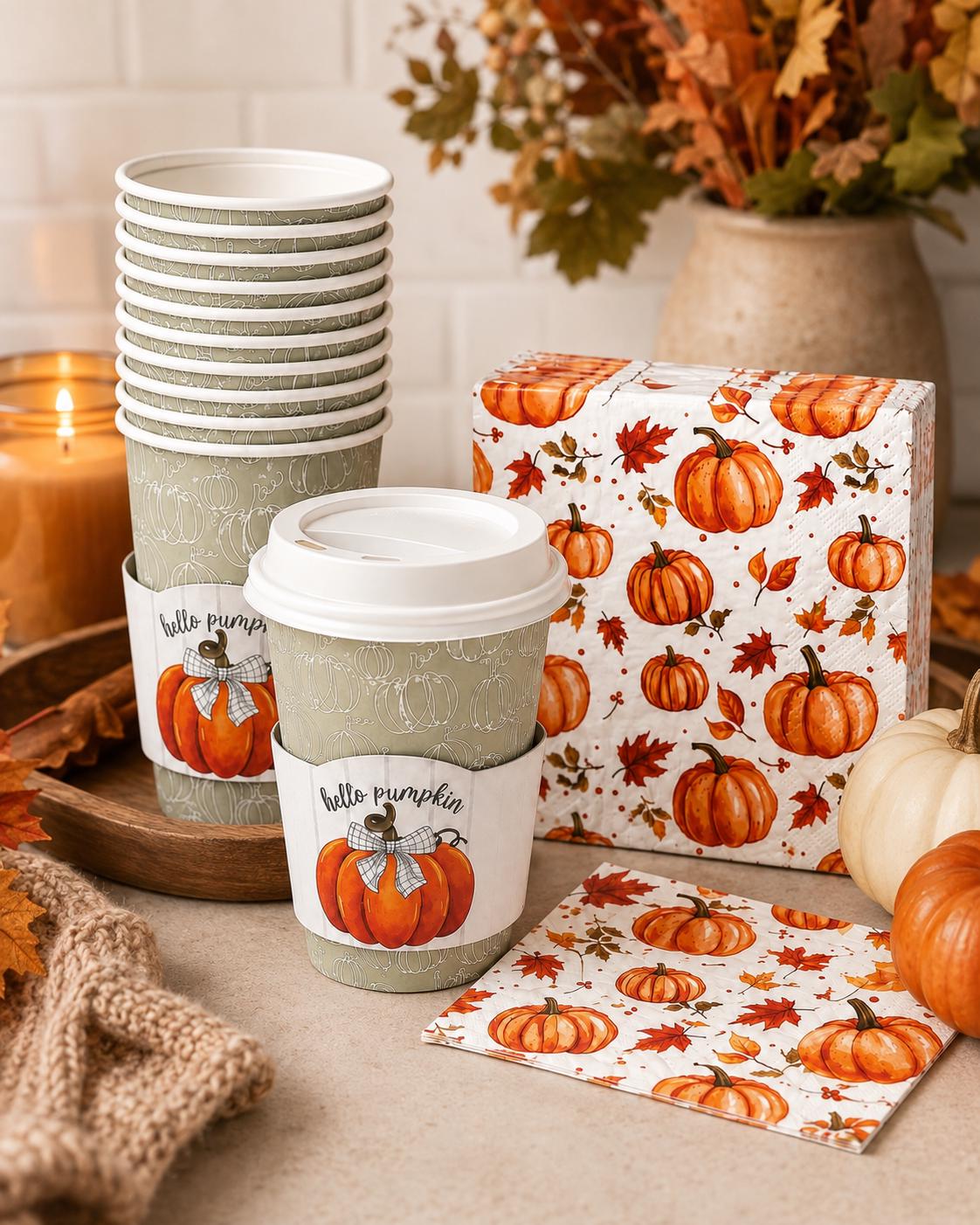 Fall Party Cups and Pumpkin Napkins Set Hot Drink Cups with Lids and Sleeves Thanksgiving Coffee Bar Decor