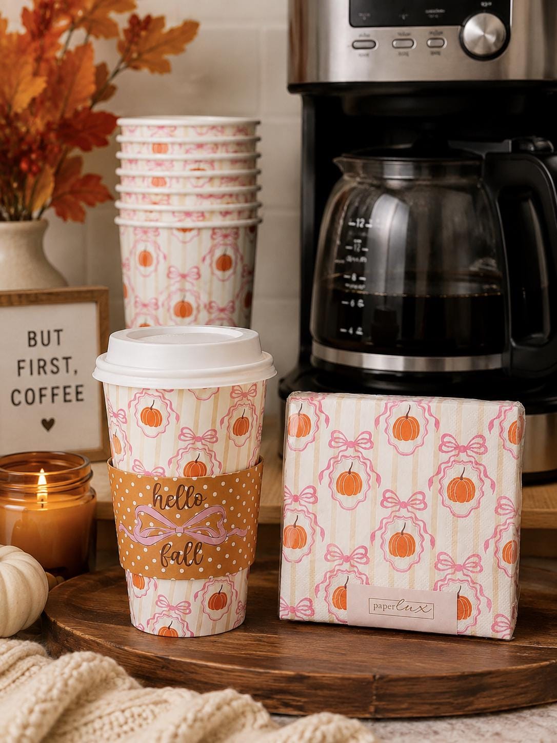 Pink Pumpkin Fall Party Cups and Napkins Set 16 oz Hot Drink Cups with Lids and Sleeves Thanksgiving Coffee Bar