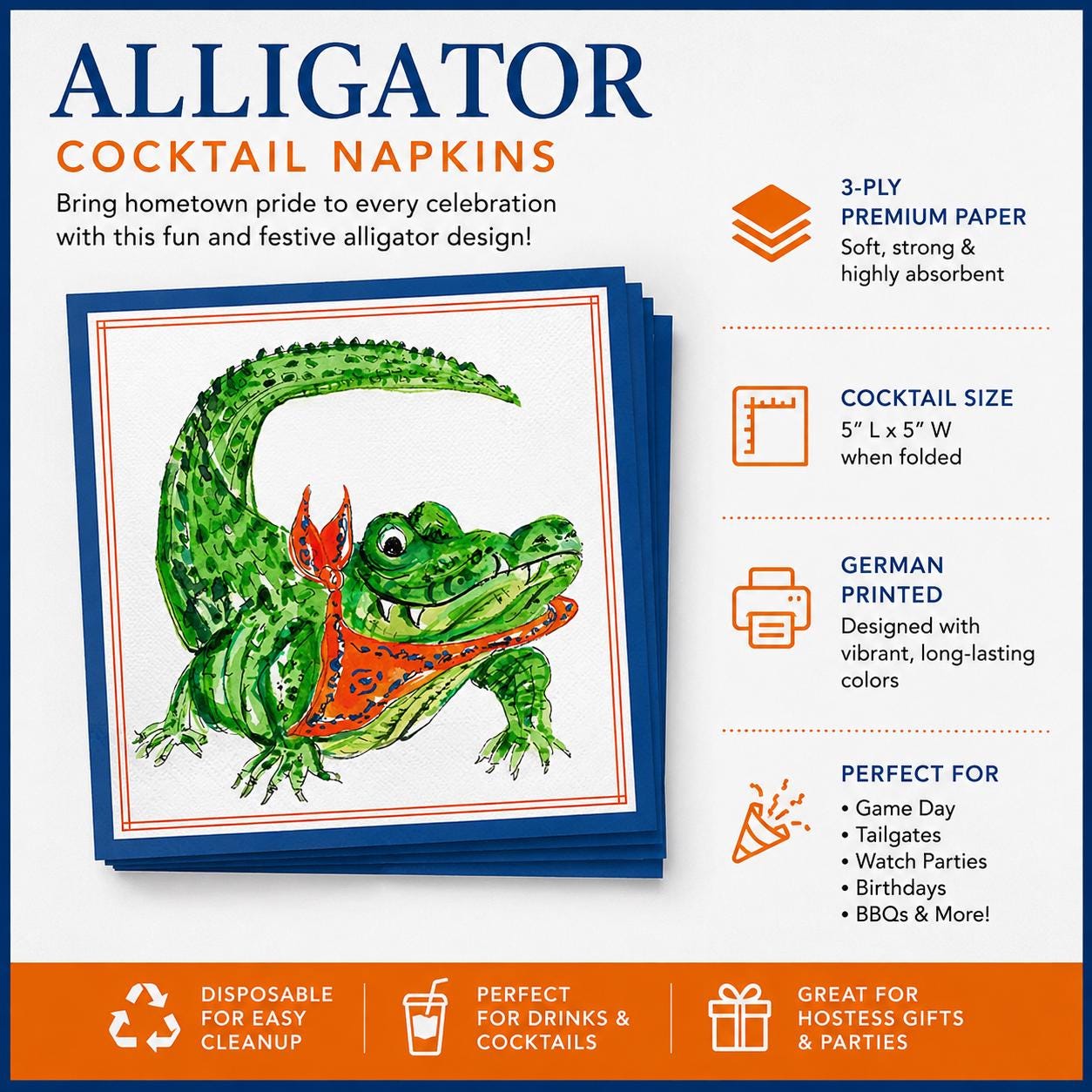 Alligator Cocktail Napkins Orange and Blue Game Day Napkins Tailgate Party Decor School Spirit Football Party