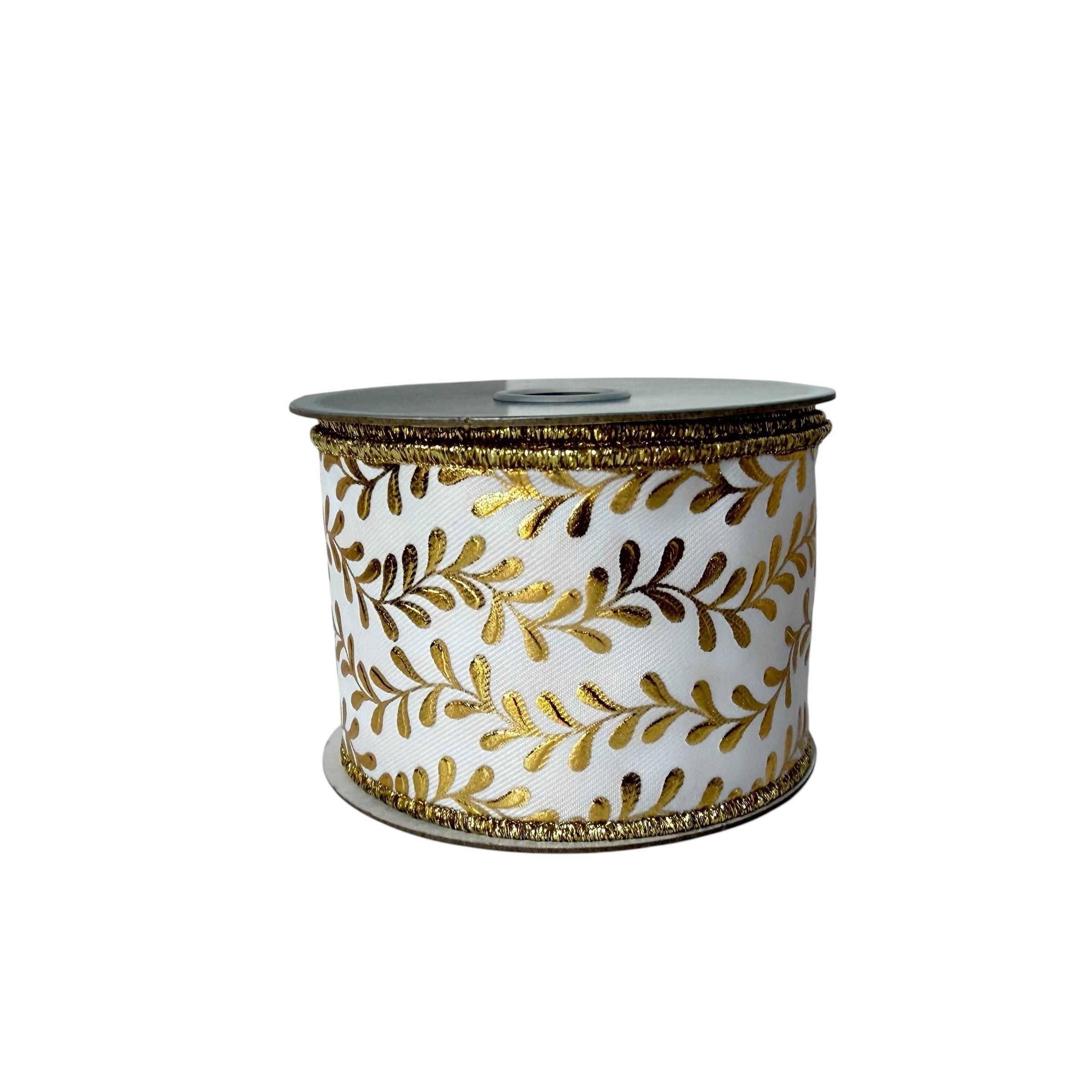 White with Gold Foil Leaf Wired Ribbon: Fall to Christmas Decor (10 Yards)