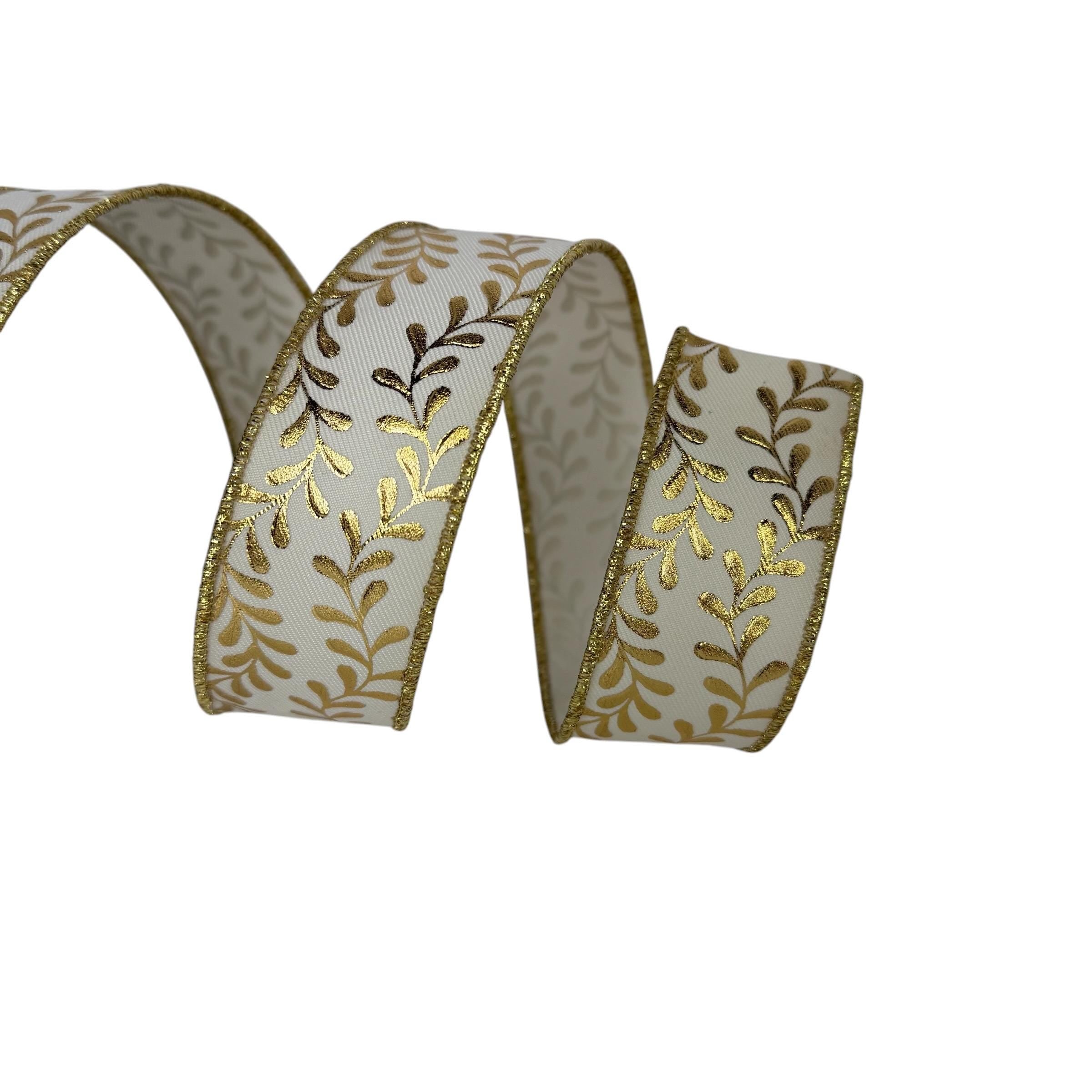 White Gold Wired Ribbon, Metallic Leaf Ribbon, Wreath Ribbon, Bow Making Ribbon Wedding Christmas Decor