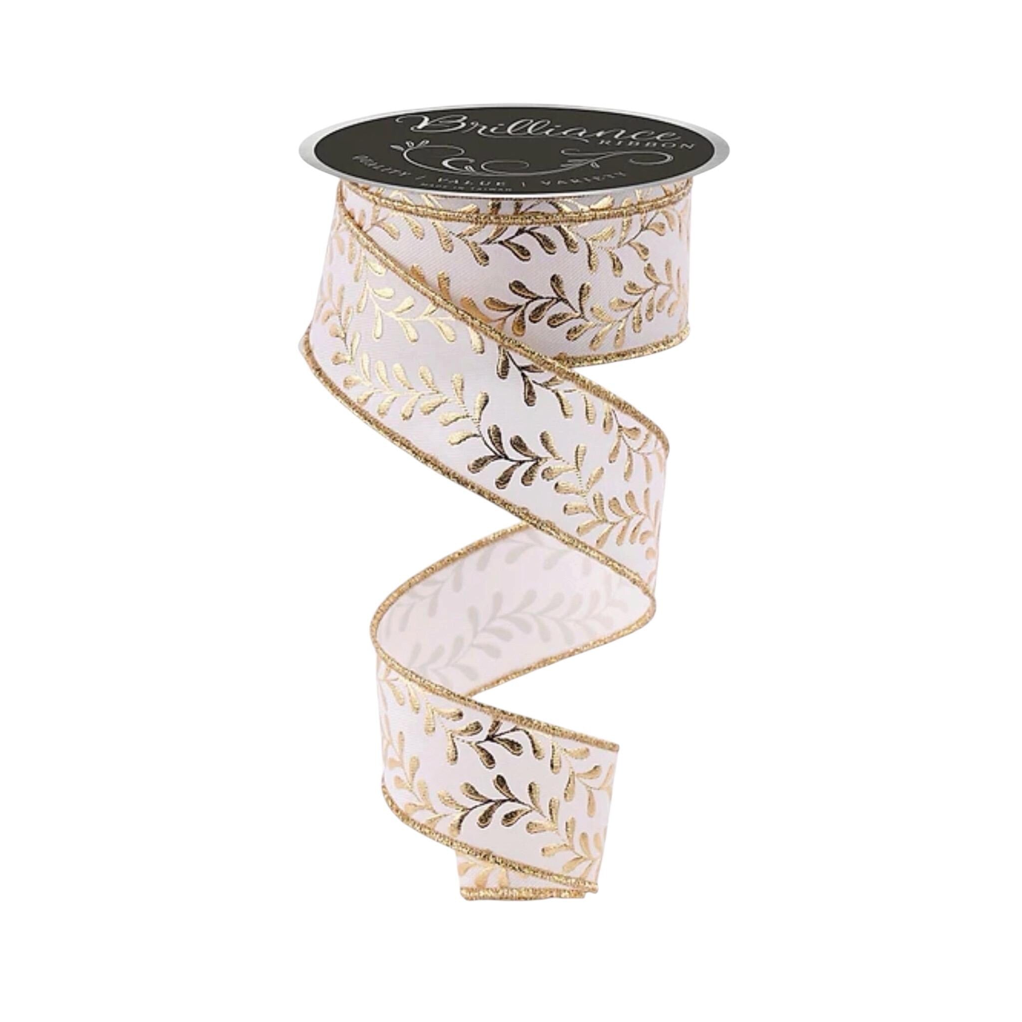 Cream & Gold Leaf Wired Ribbon | 1.5" x 10 Yards