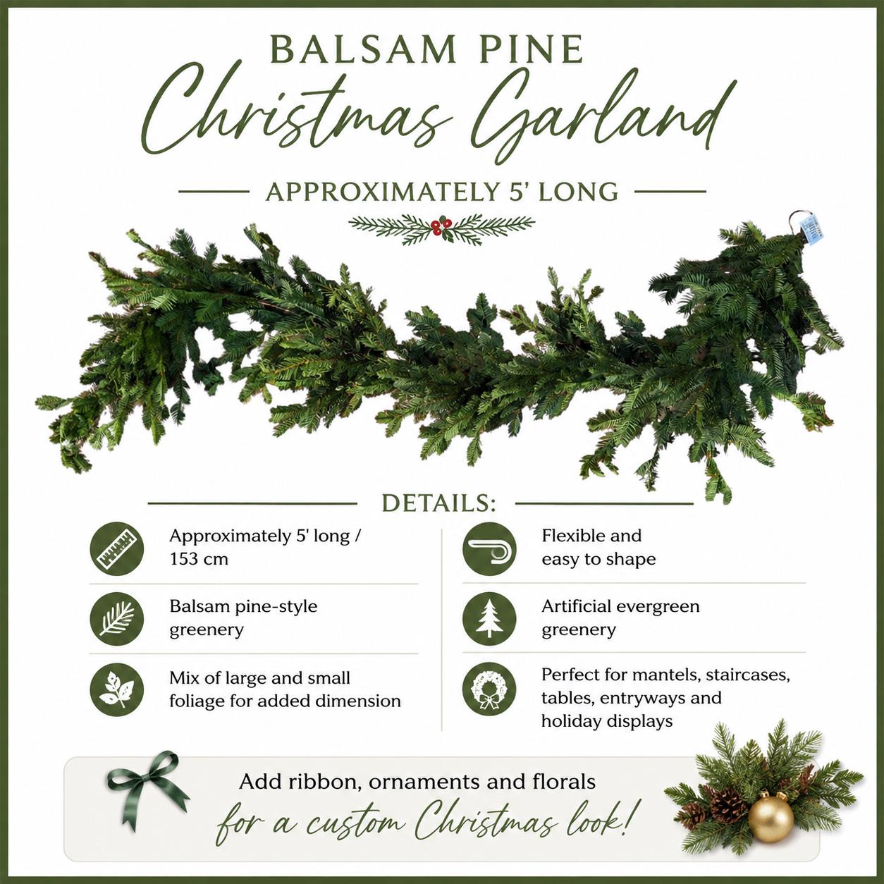 Christmas Garland Balsam Pine Garland Evergreen Greenery for Mantel Staircase Holiday Decor