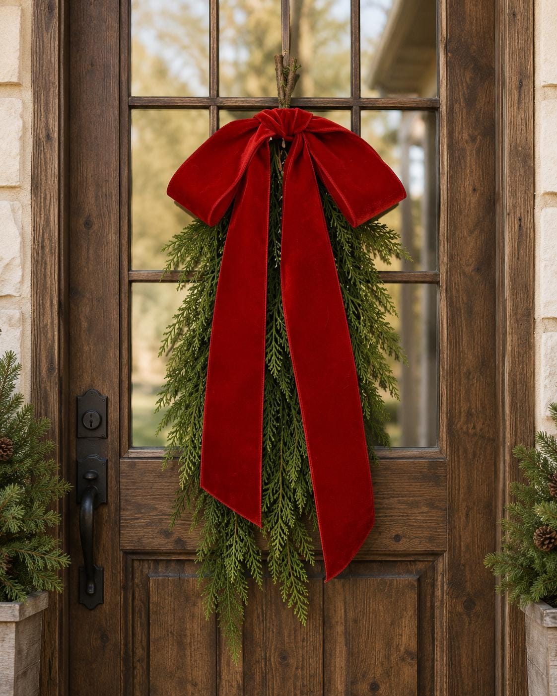 A festive Christmas wreath hanging on a rustic wooden front door, featuring green pine and cedar branches tied with a large red velvet bow.